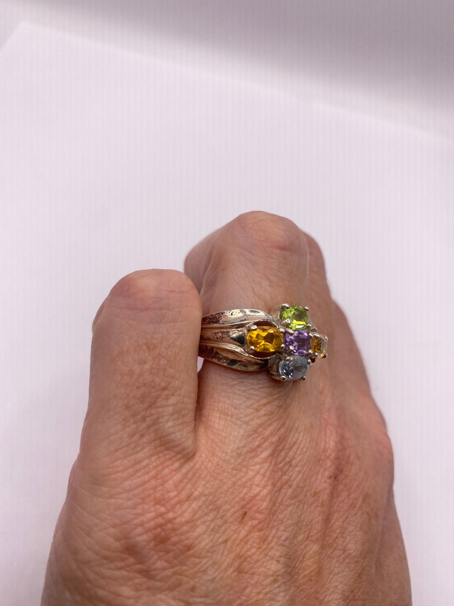 Vintage Mixed Genuine Gemstones 925 Sterling Silver Heart Cocktail Ring