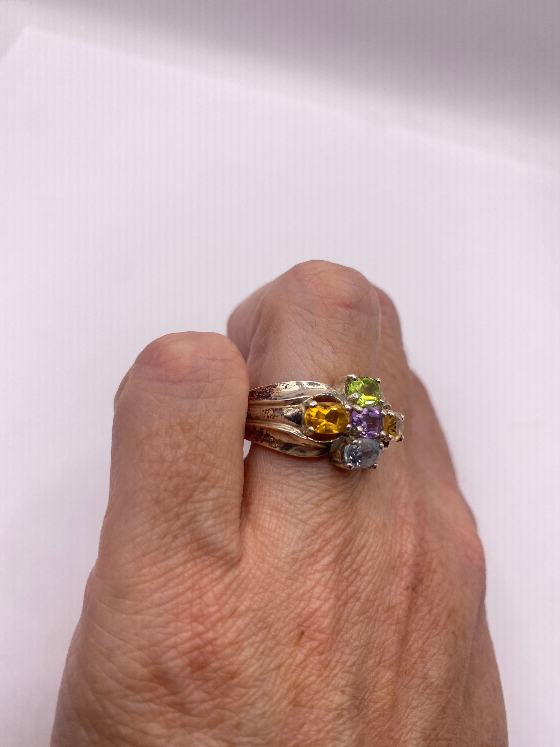 Vintage Mixed Genuine Gemstones 925 Sterling Silver Heart Cocktail Ring