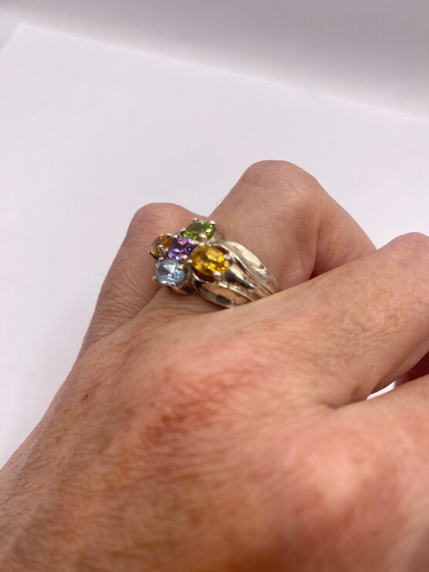 Vintage Mixed Genuine Gemstones 925 Sterling Silver Heart Cocktail Ring