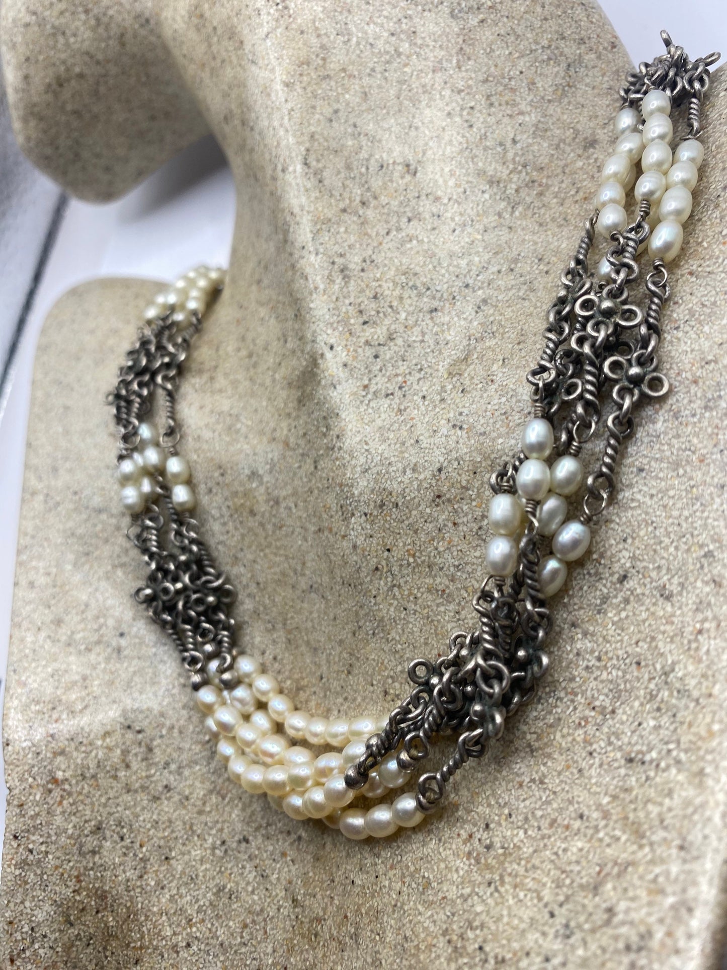Vintage 925 Sterling Silver Pearl Toggle Choker Necklace