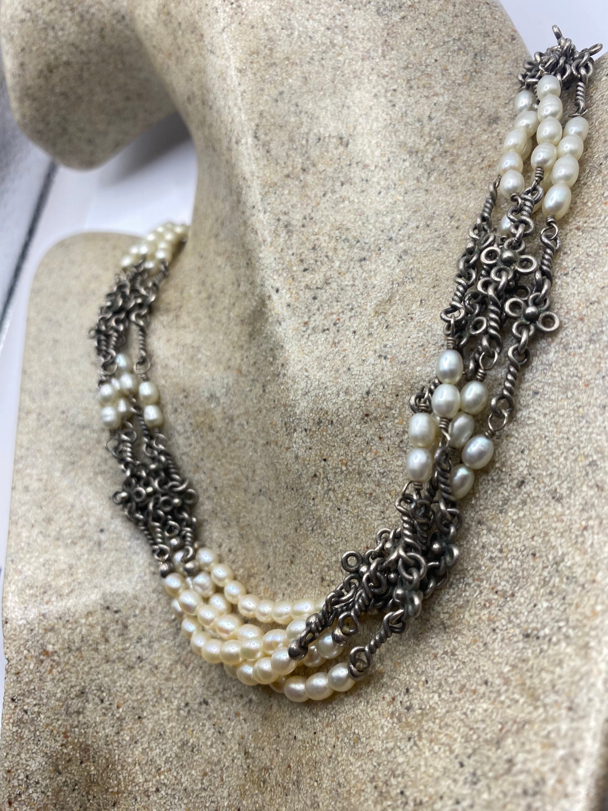 Vintage 925 Sterling Silver Pearl Toggle Choker Necklace
