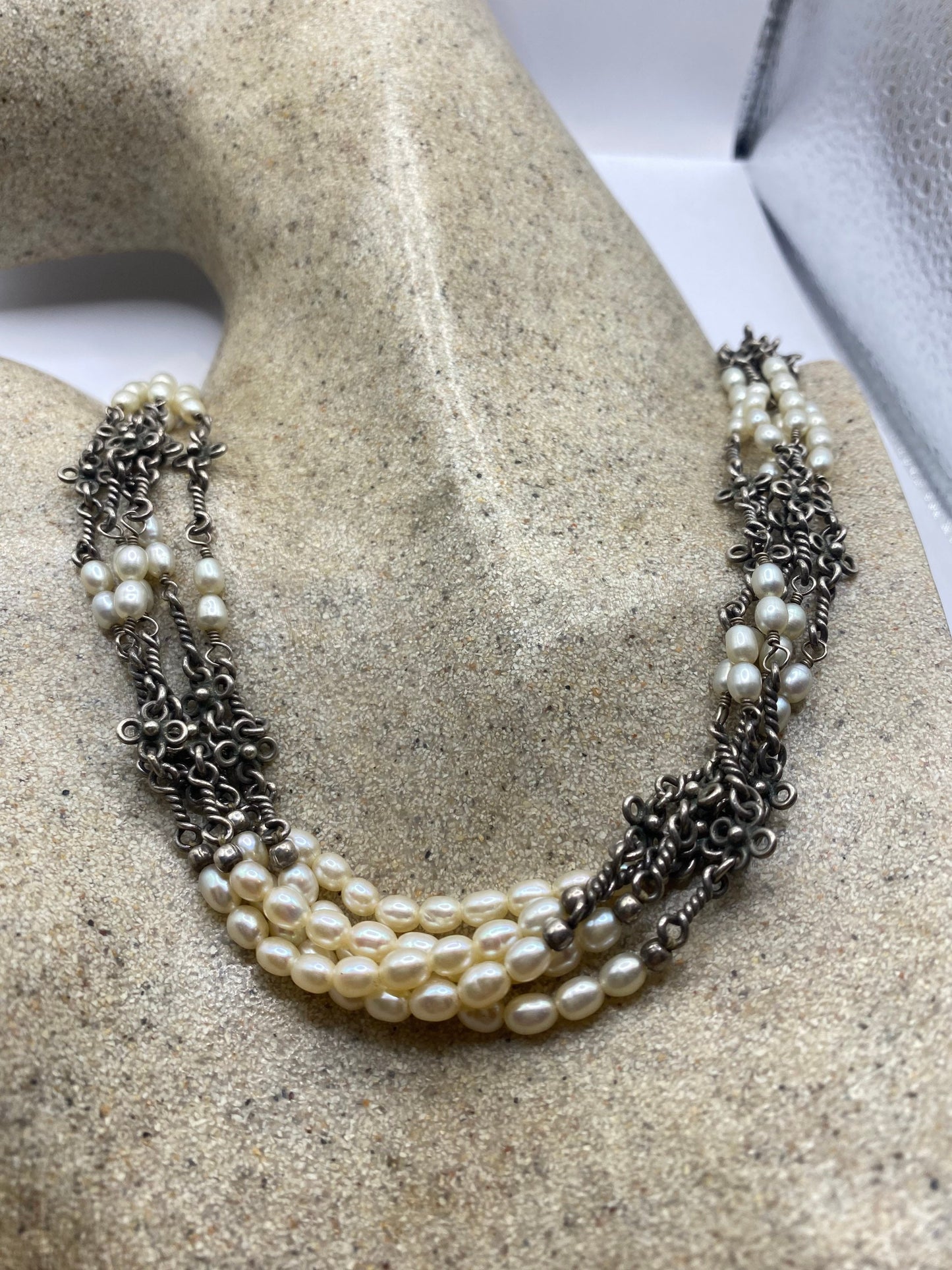 Vintage 925 Sterling Silver Pearl Toggle Choker Necklace