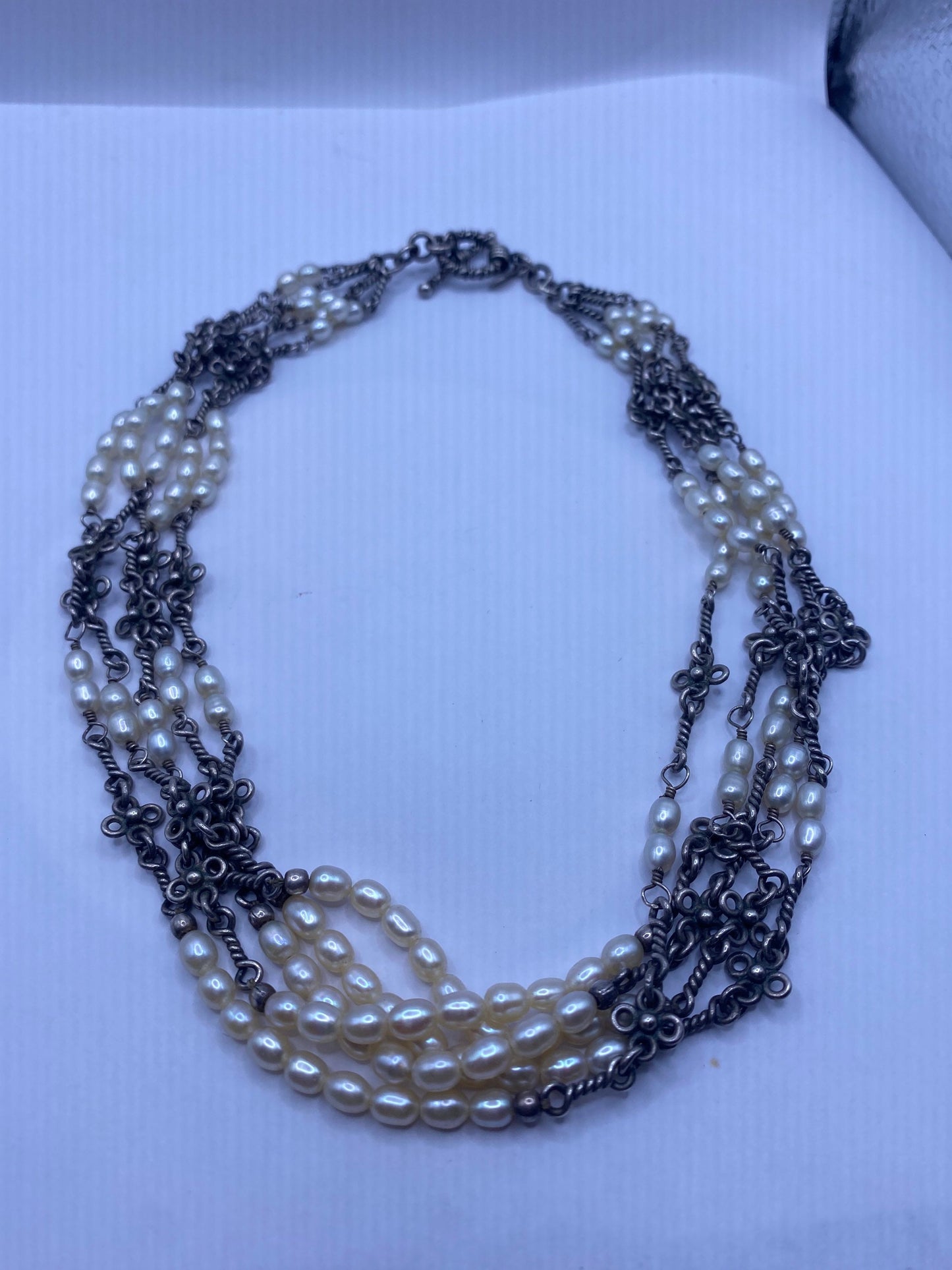 Vintage 925 Sterling Silver Pearl Toggle Choker Necklace