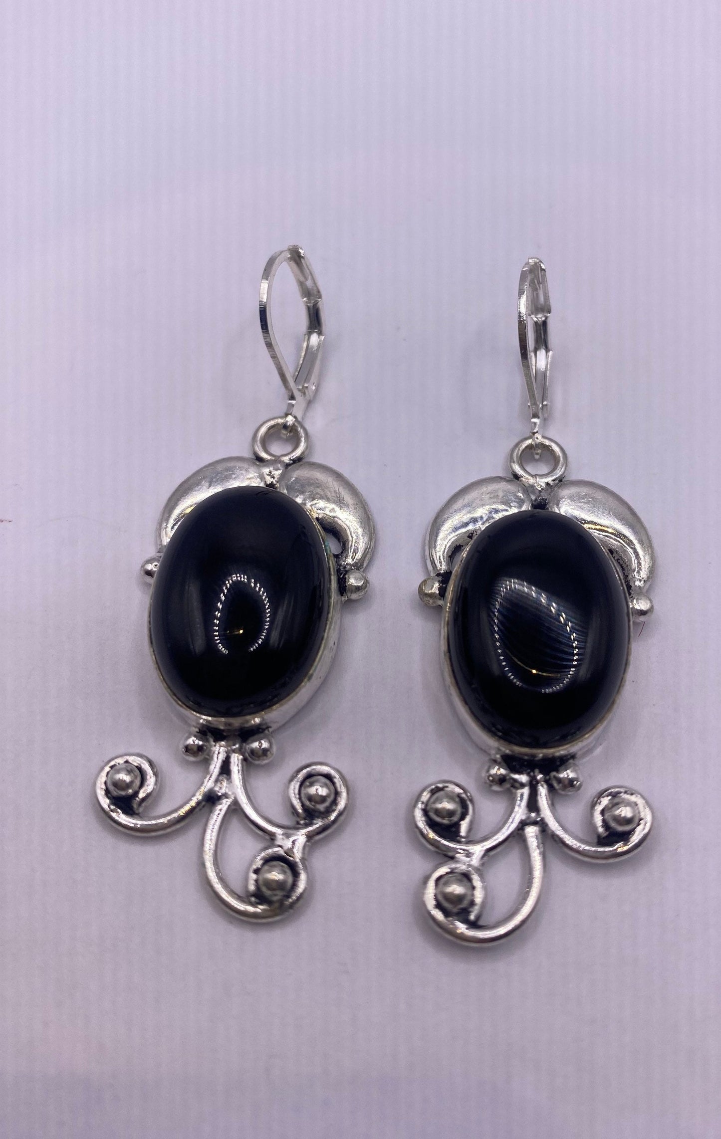 Vintage Black Onyx Earrings 925 Sterling Silver Deco Dangle Chandelier