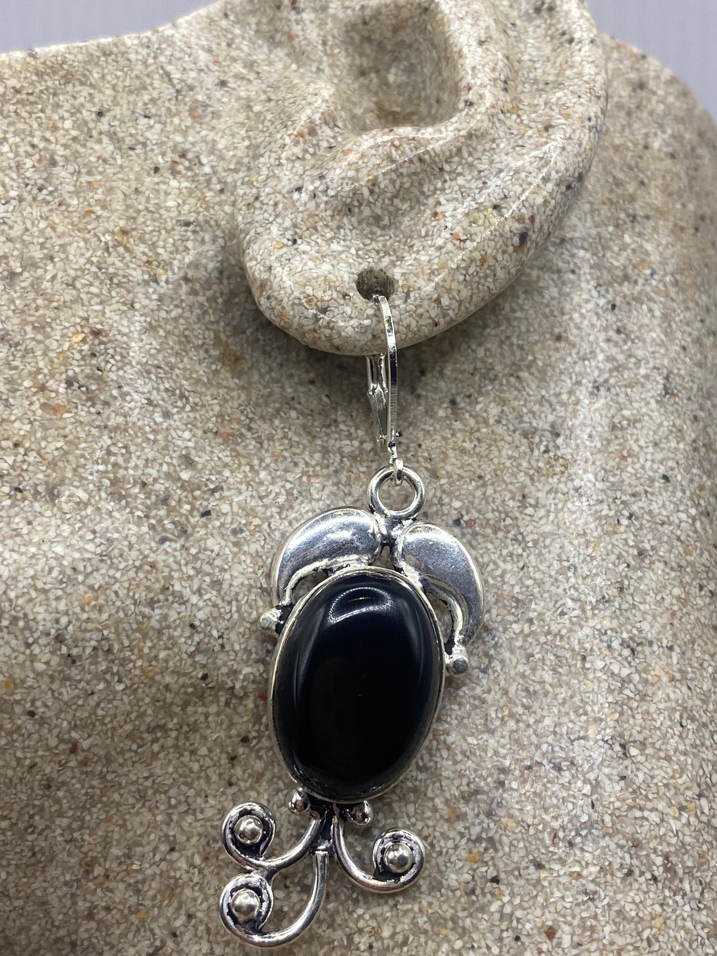 Vintage Black Onyx Earrings 925 Sterling Silver Deco Dangle Chandelier