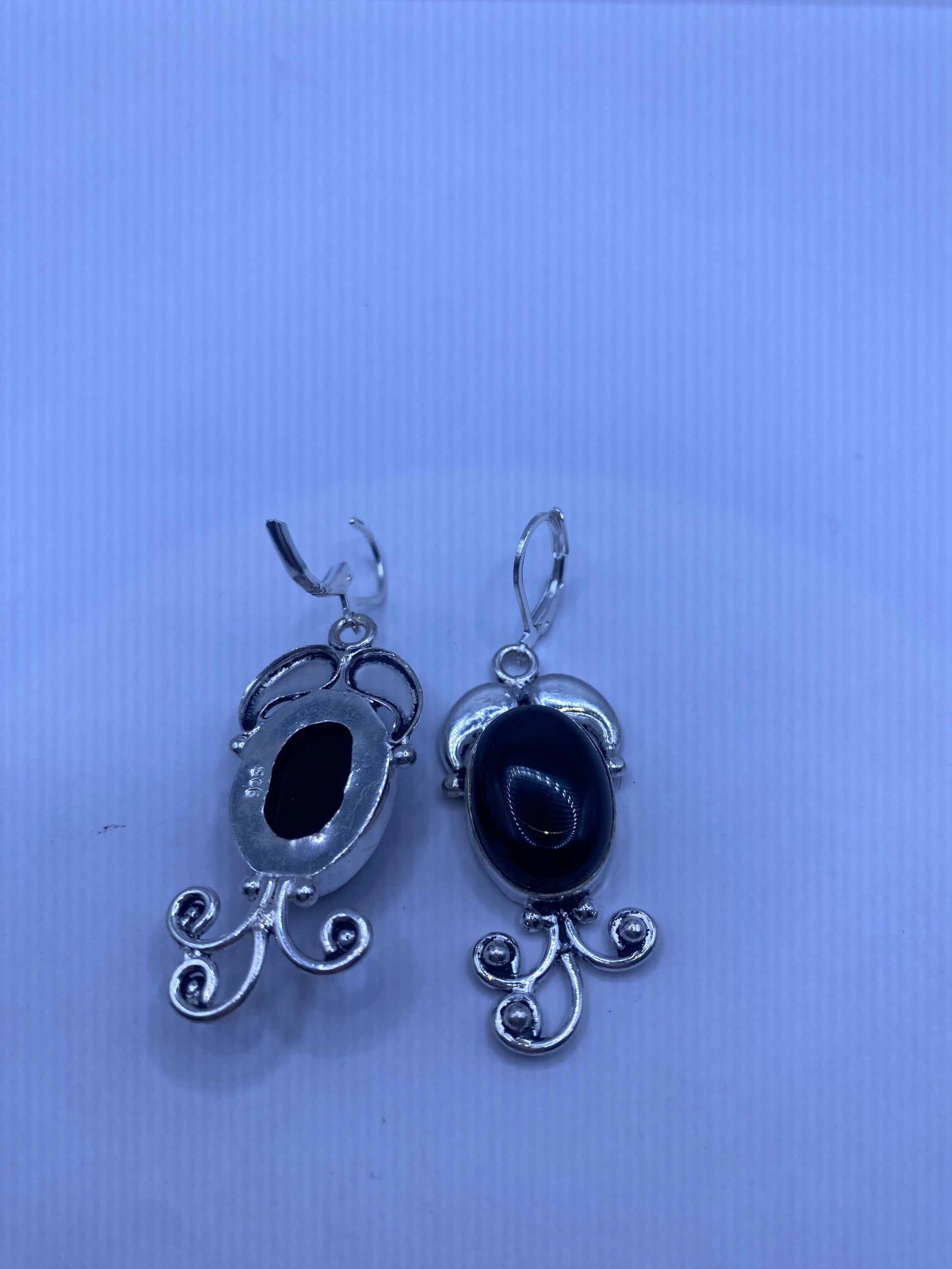 Vintage Black Onyx Earrings 925 Sterling Silver Deco Dangle Chandelier