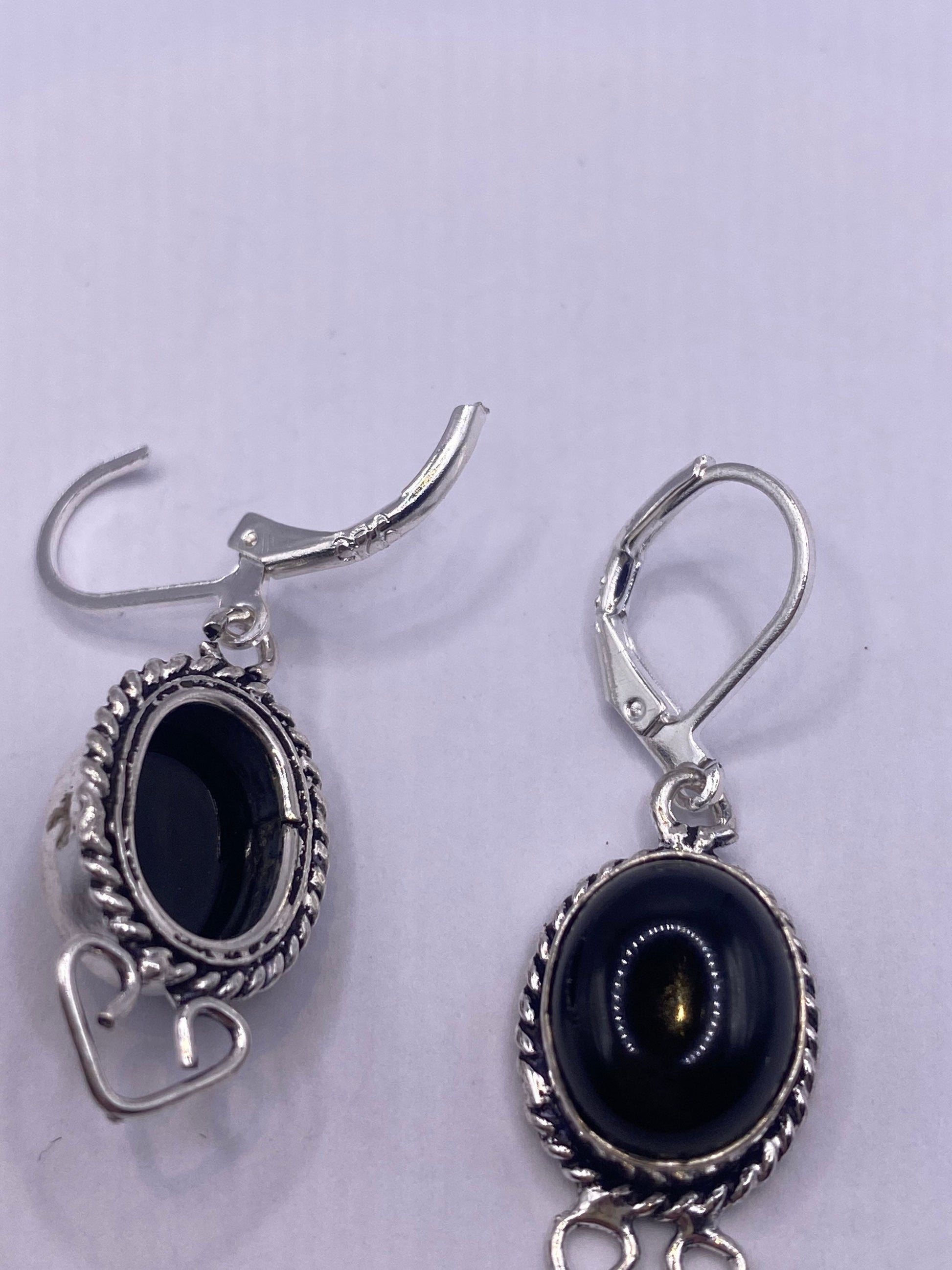 Vintage Black Onyx Earrings 925 Sterling Silver Deco Dangle Chandelier