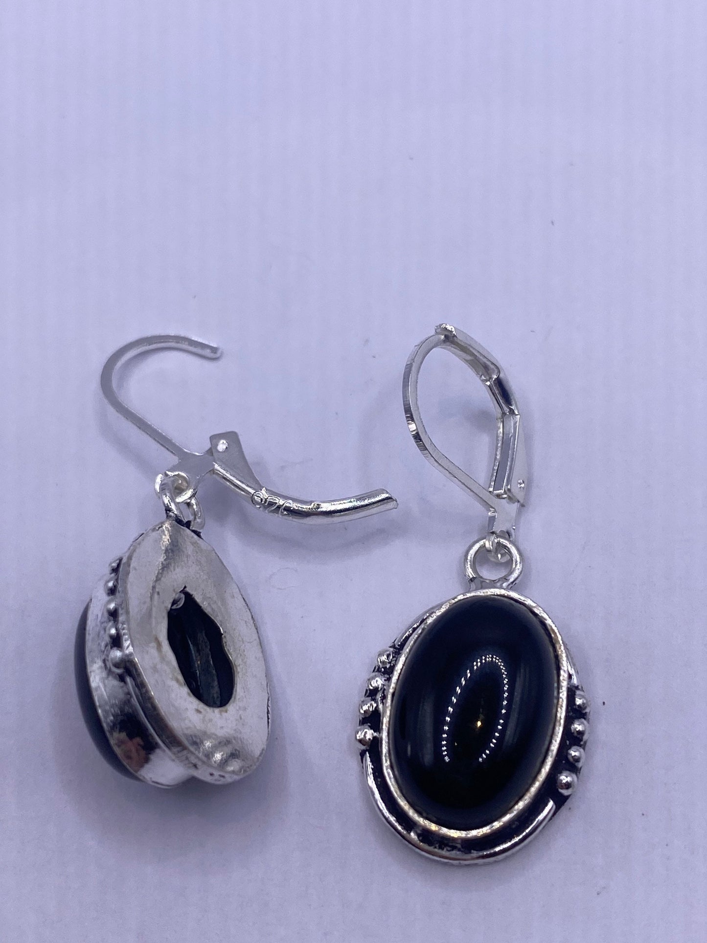 Vintage Black Onyx Earrings 925 Sterling Silver Deco Dangle Chandelier