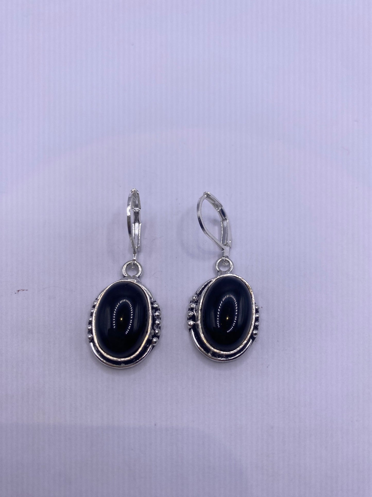 Vintage Black Onyx Earrings 925 Sterling Silver Deco Dangle Chandelier