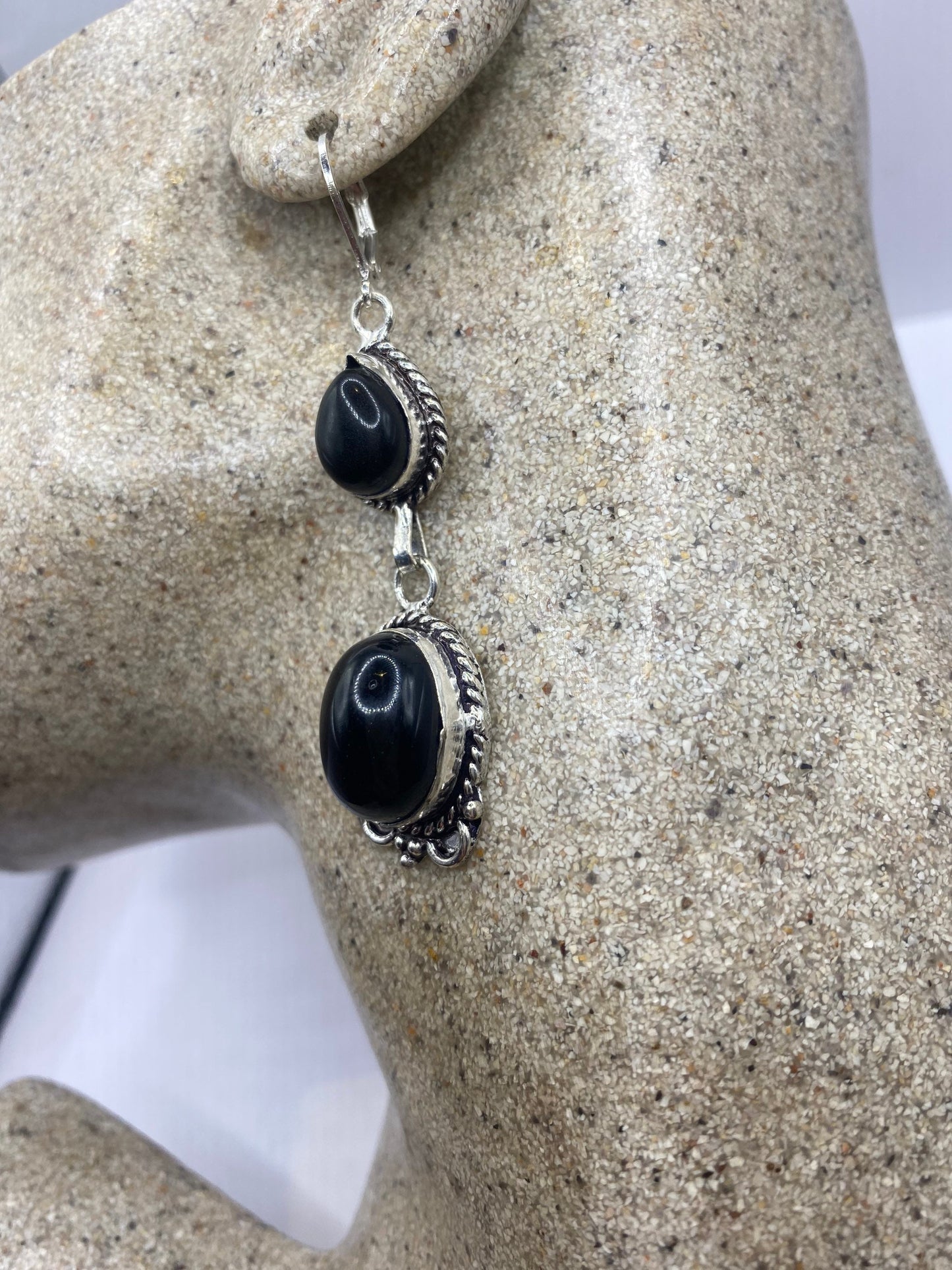 Vintage Black Onyx Earrings 925 Sterling Silver Deco Dangle Chandelier