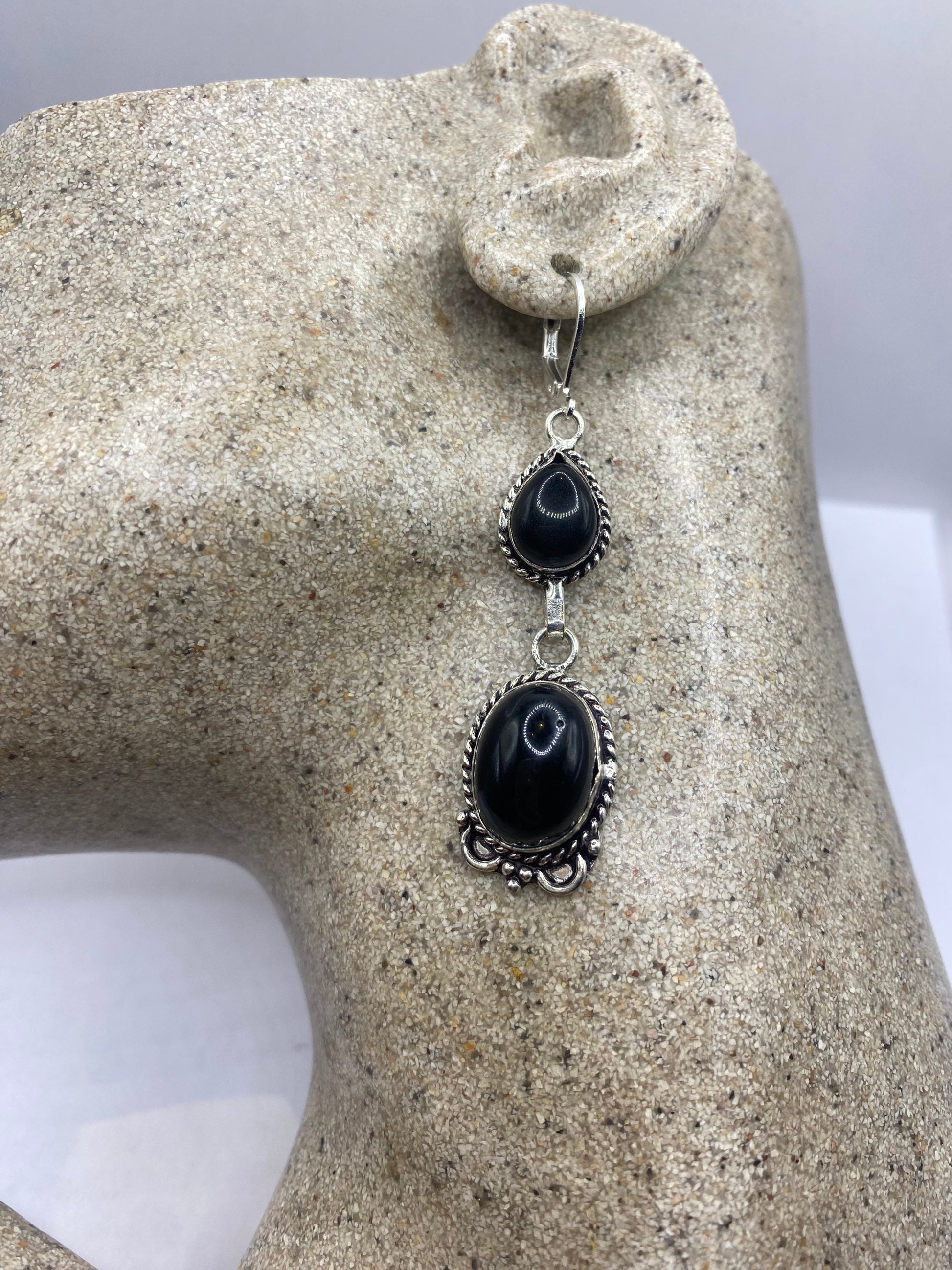 Vintage Black Onyx Earrings 925 Sterling Silver Deco Dangle Chandelier