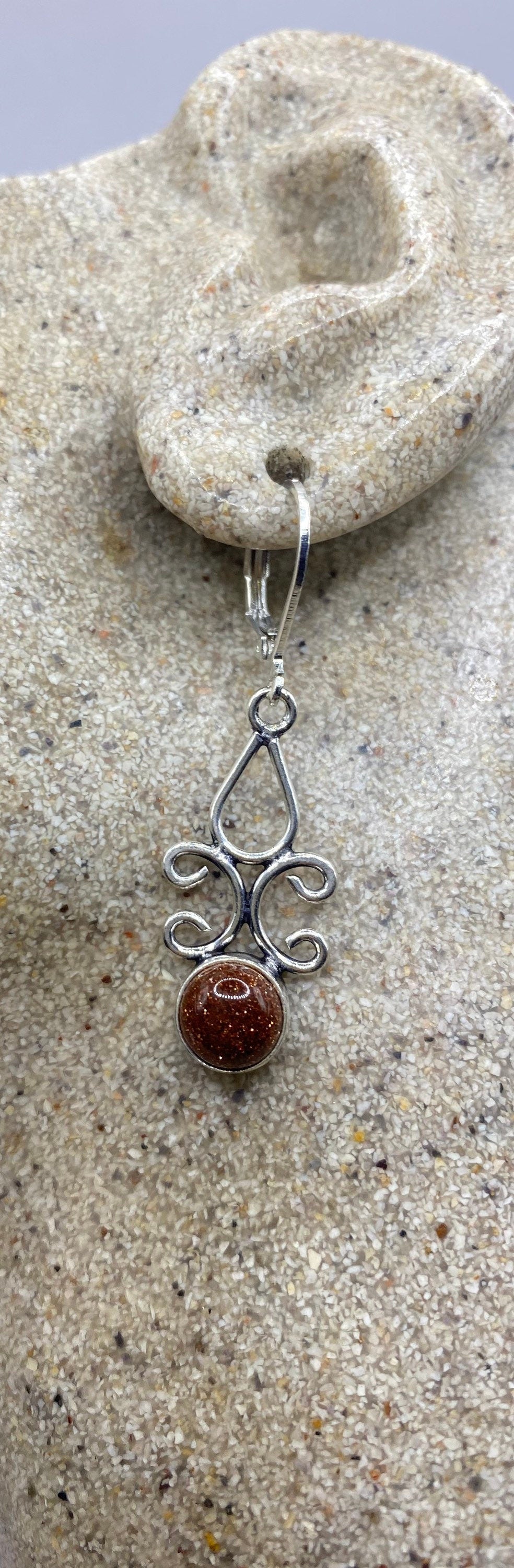 Vintage Chandelier Earrings Goldstone Silver Lever Back Dangle