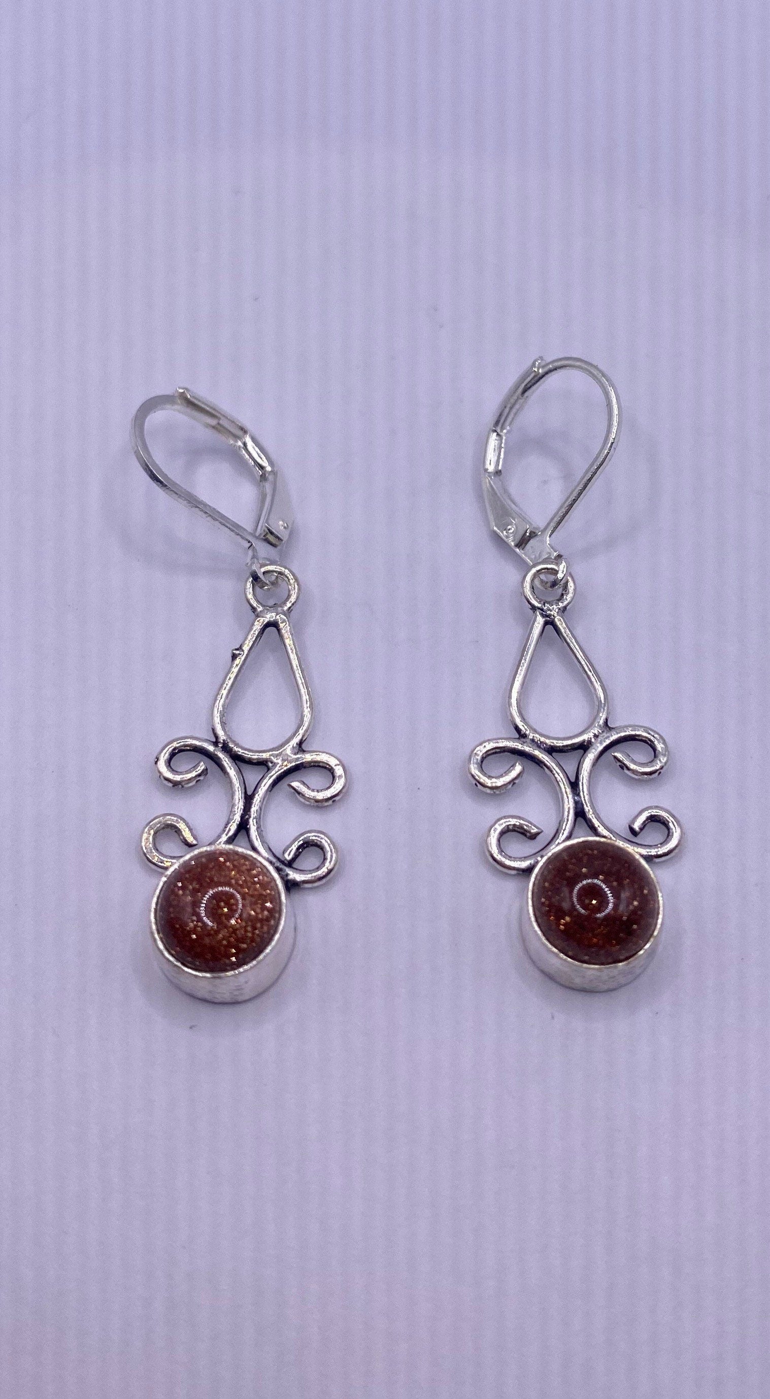 Vintage Chandelier Earrings Goldstone Silver Lever Back Dangle