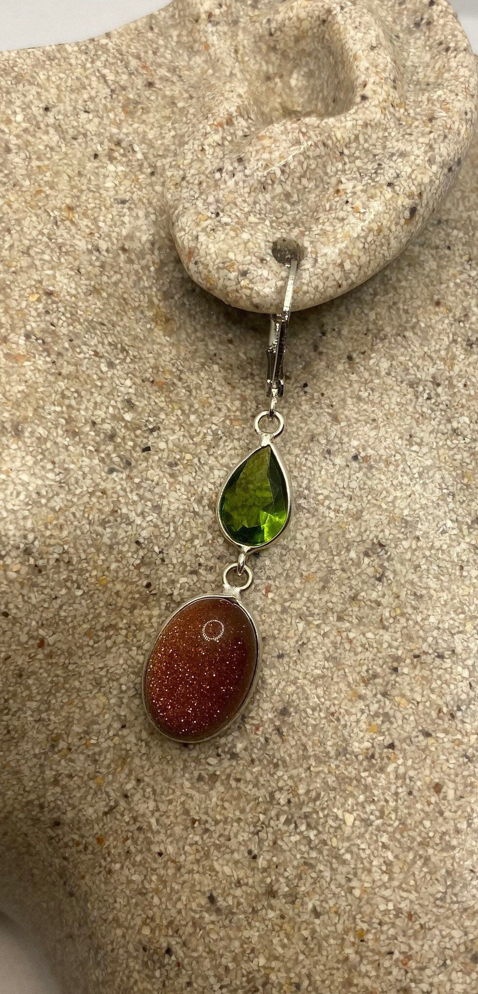 Vintage Chandelier Earrings Goldstone Peridot Silver Lever Back Dangle