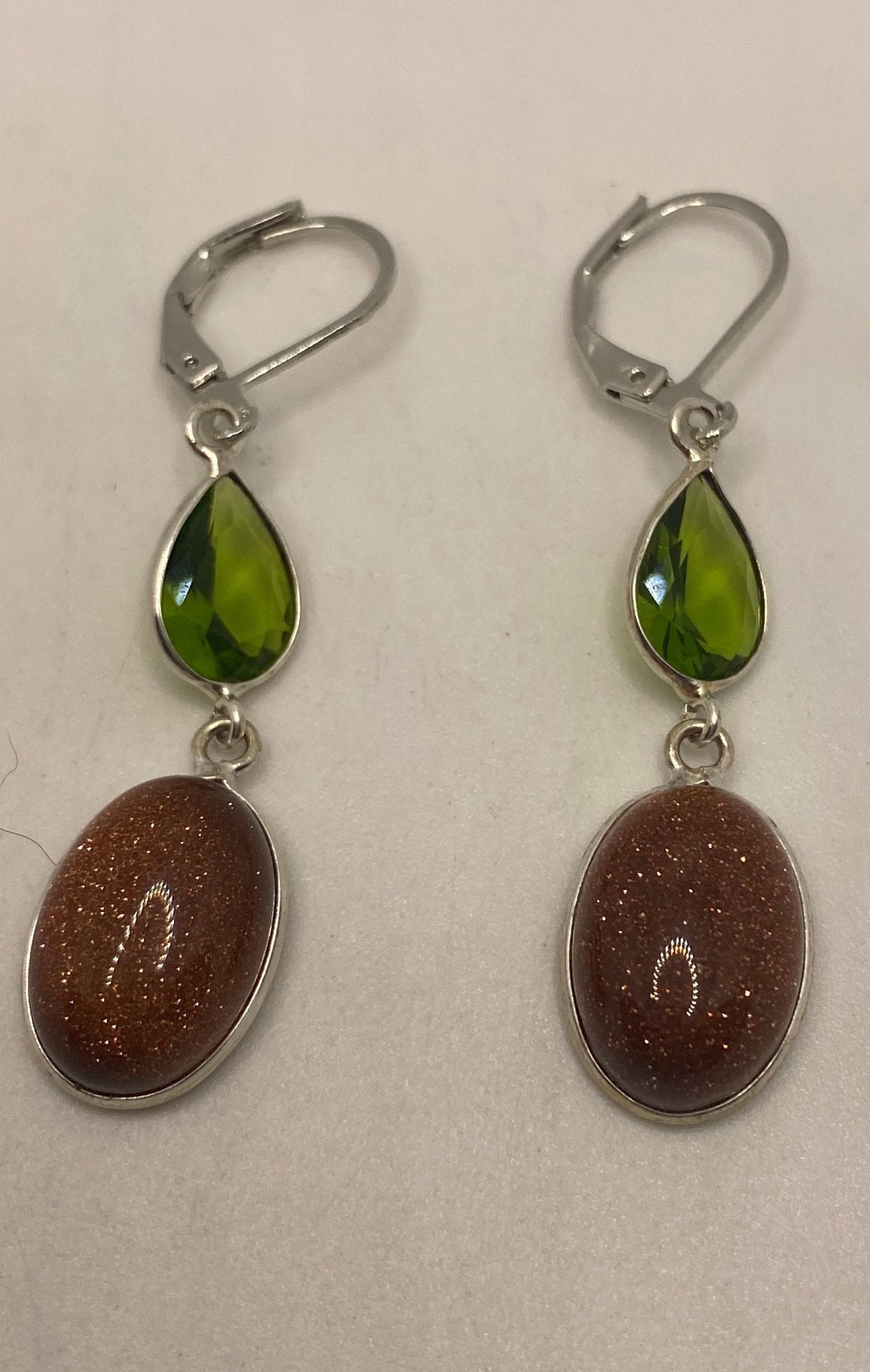 Vintage Chandelier Earrings Goldstone Peridot Silver Lever Back Dangle