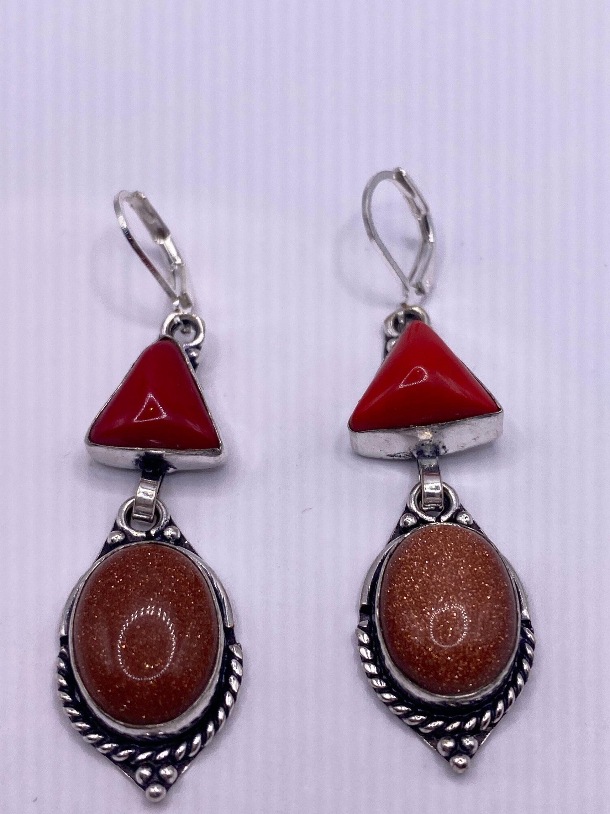 Vintage Chandelier Earrings Goldstone Red Coral Silver Lever Back Dangle