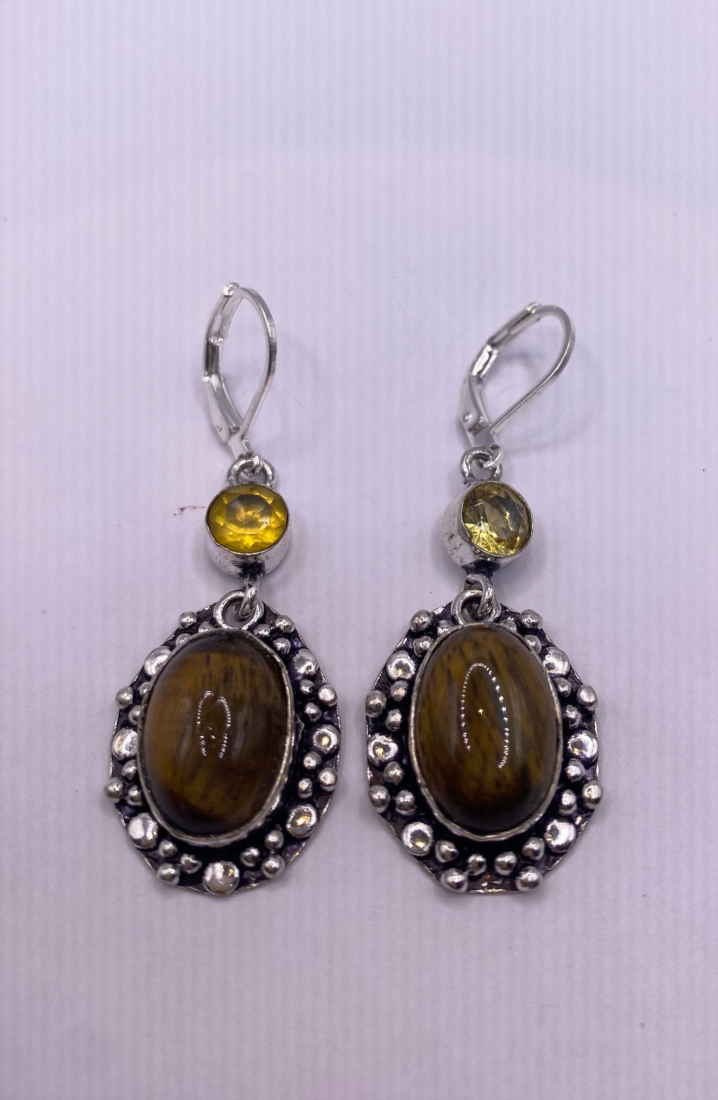 Vintage Tigers Eye Dangle Earrings 925 Sterling Silver Lever Backs