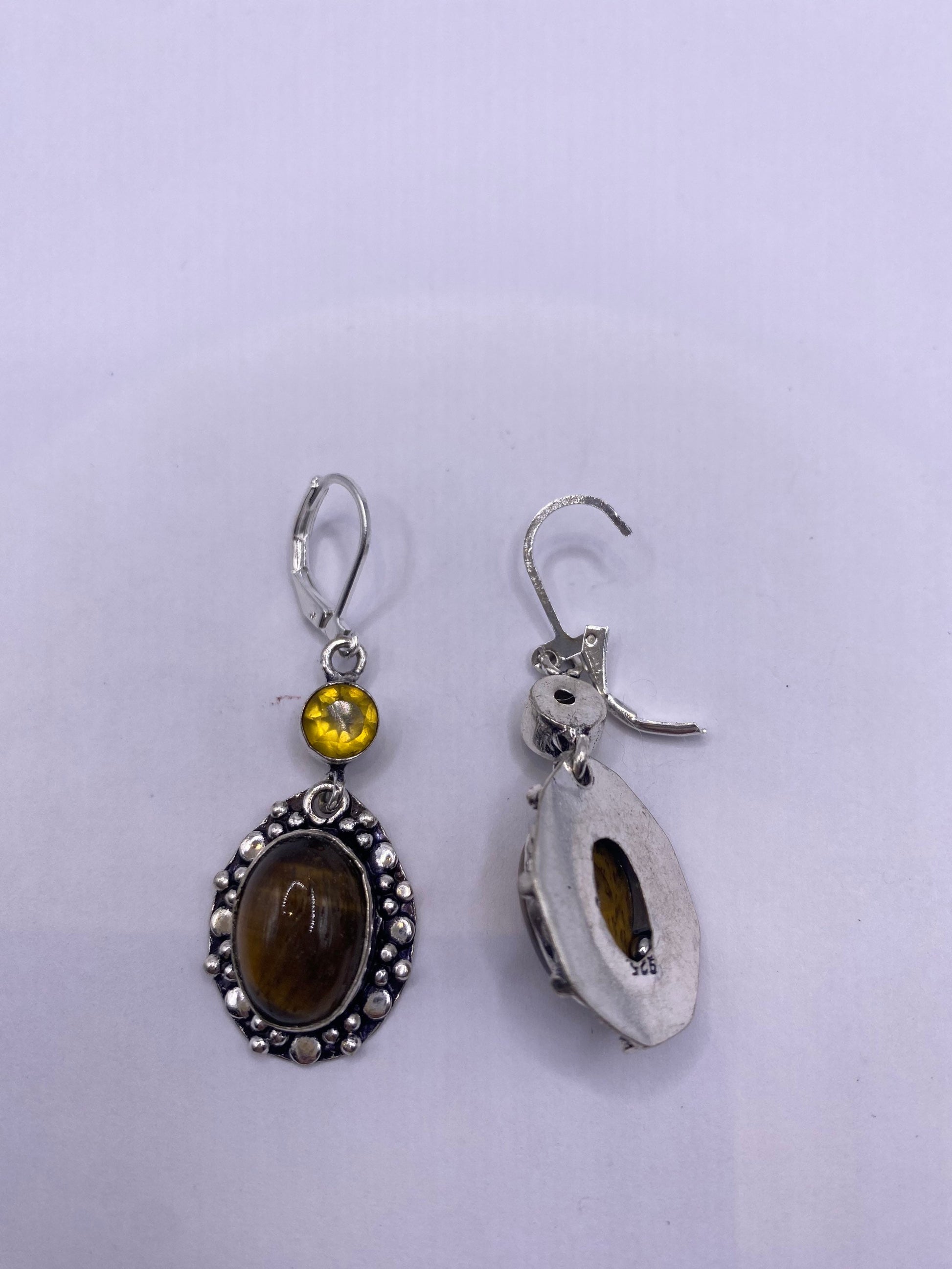Vintage Tigers Eye Dangle Earrings 925 Sterling Silver Lever Backs