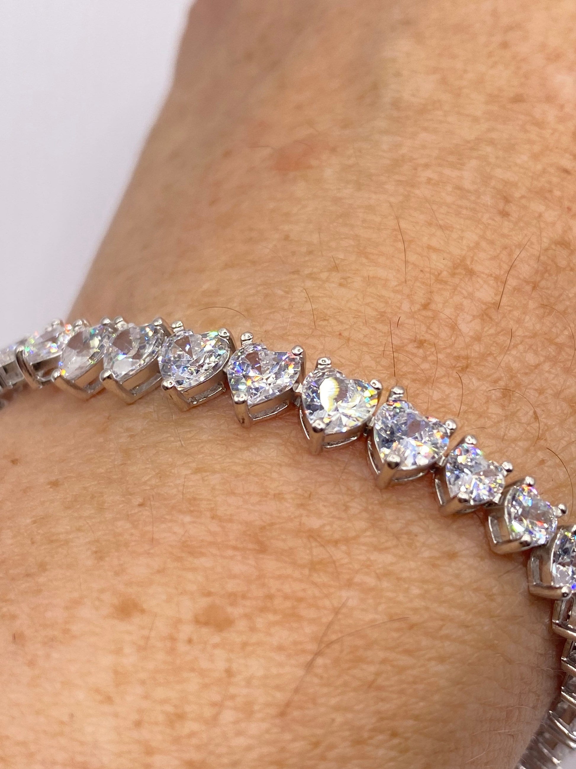 Vintage Cubic Zirconia Heart Bracelet Sterling Silver Tennis