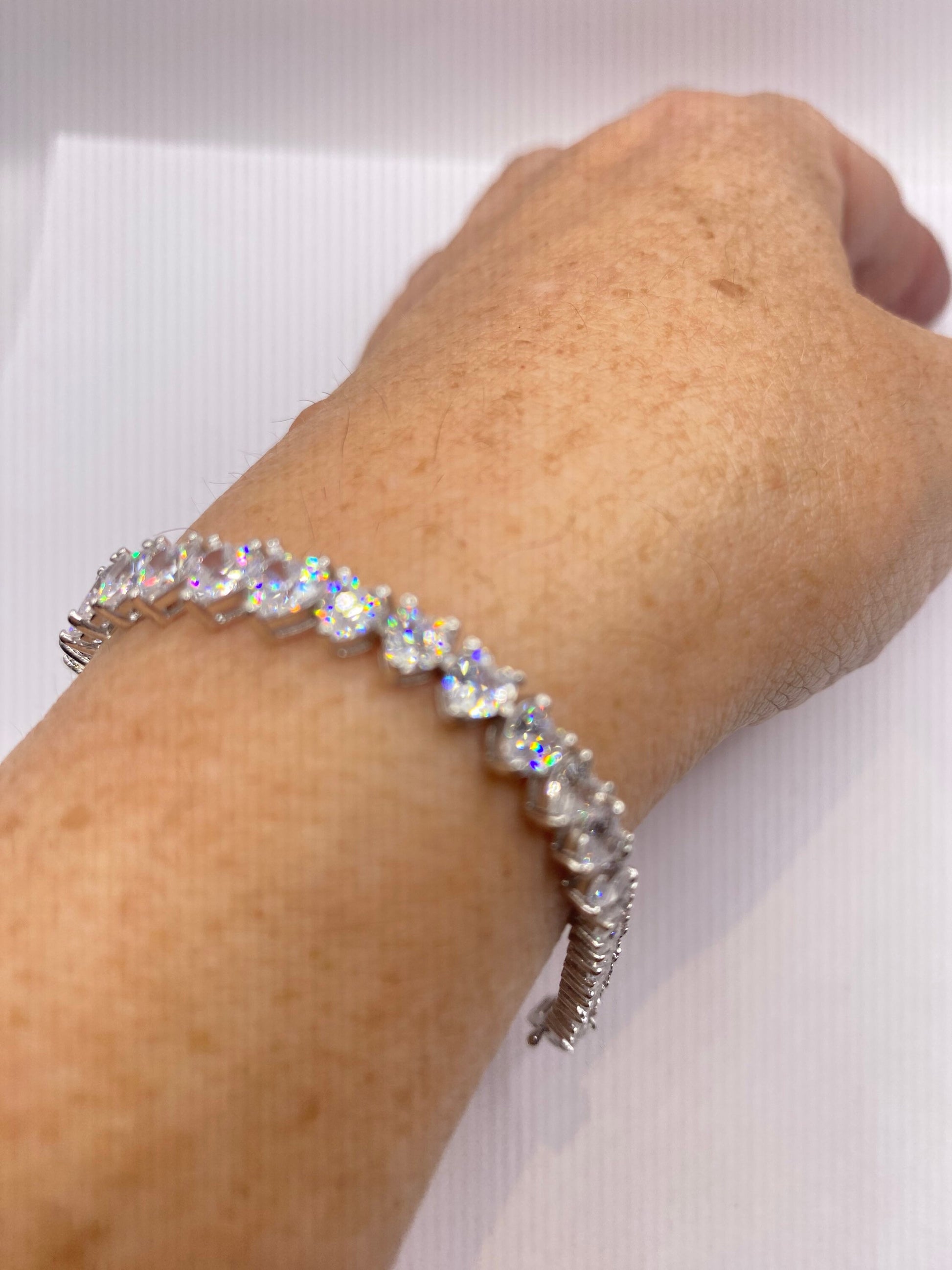 Vintage Cubic Zirconia Heart Bracelet Sterling Silver Tennis