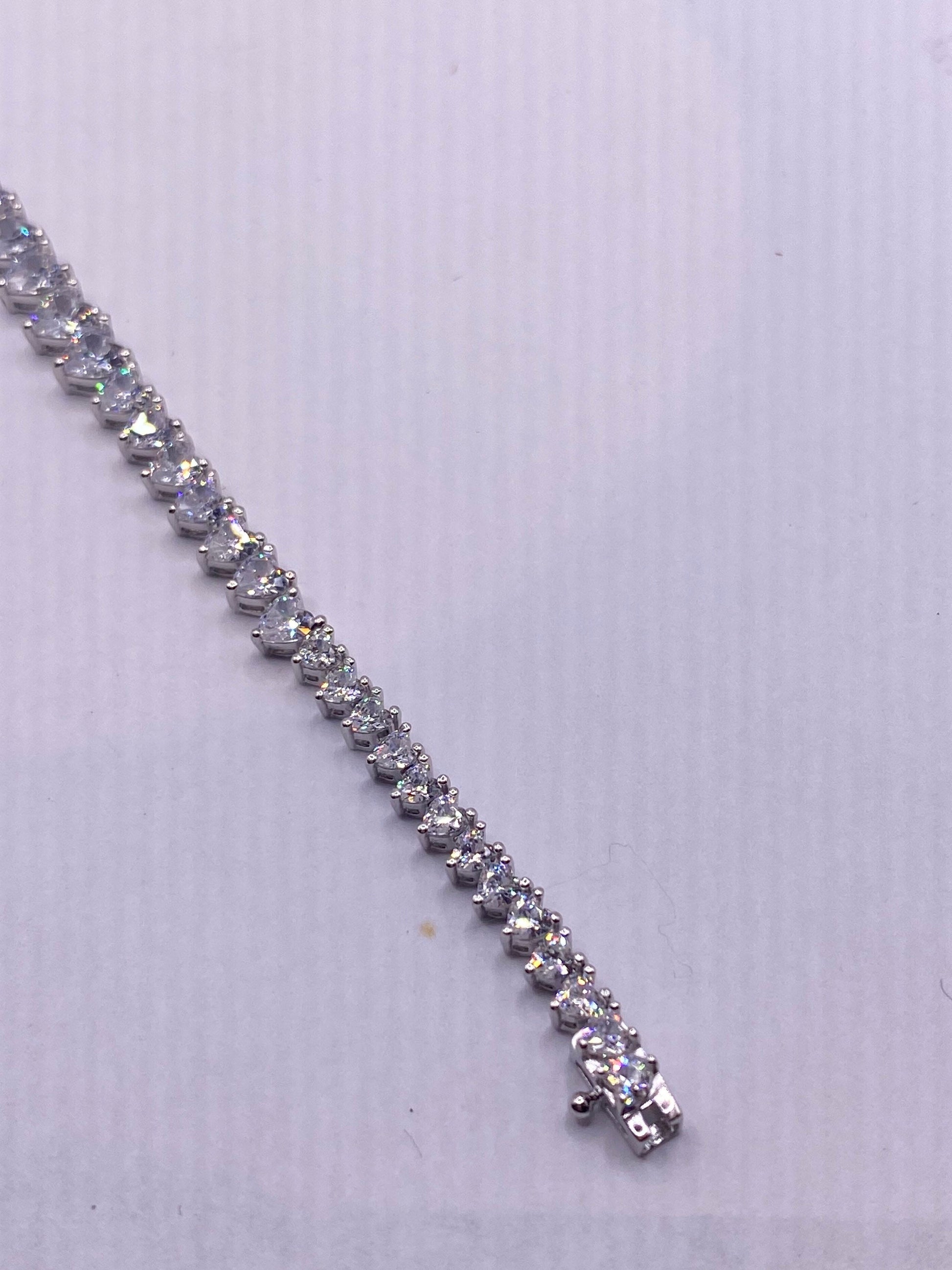 Vintage Cubic Zirconia Heart Bracelet Sterling Silver Tennis