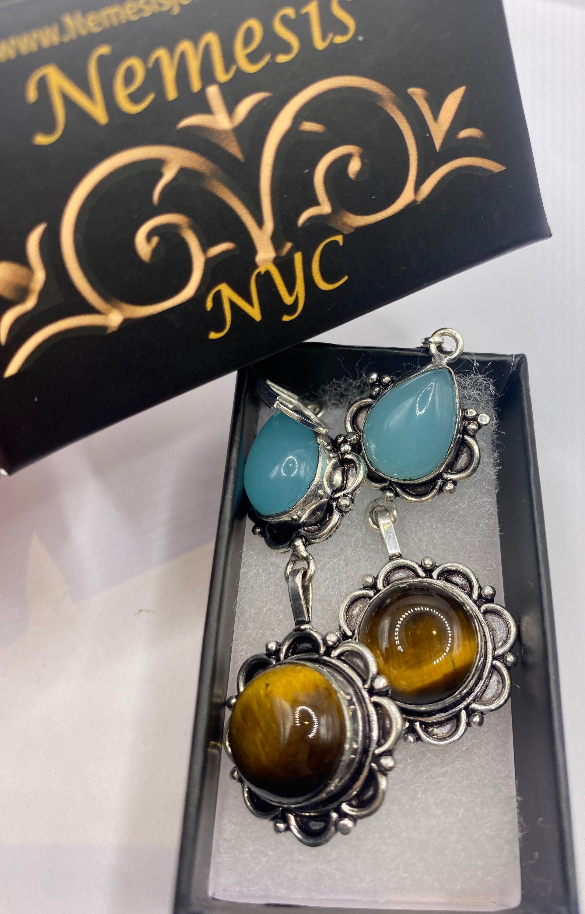 Vintage Tigers Eye Blue Chalcedony Dangle Earrings 925 Sterling Silver Lever Backs