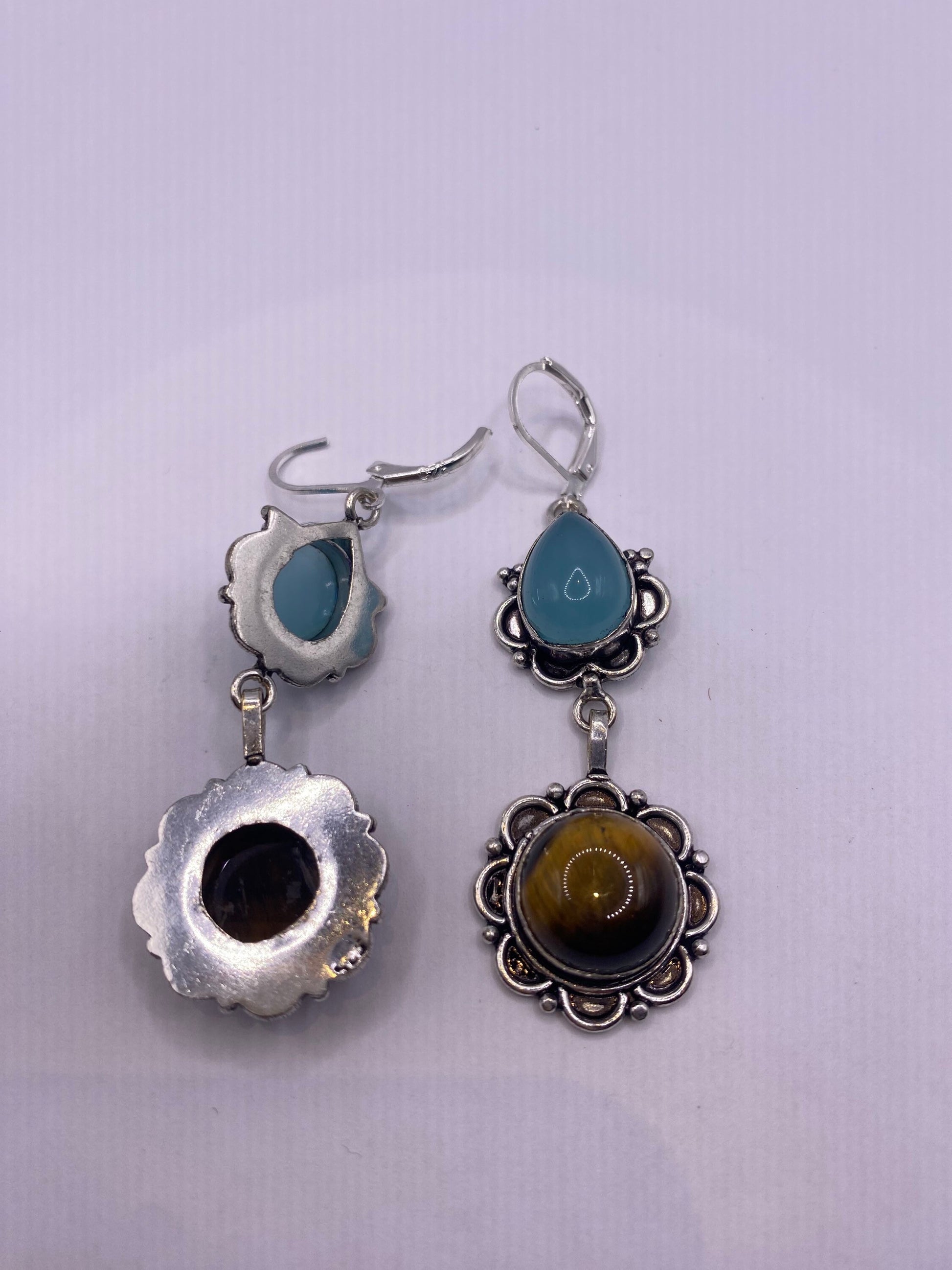 Vintage Tigers Eye Blue Chalcedony Dangle Earrings 925 Sterling Silver Lever Backs