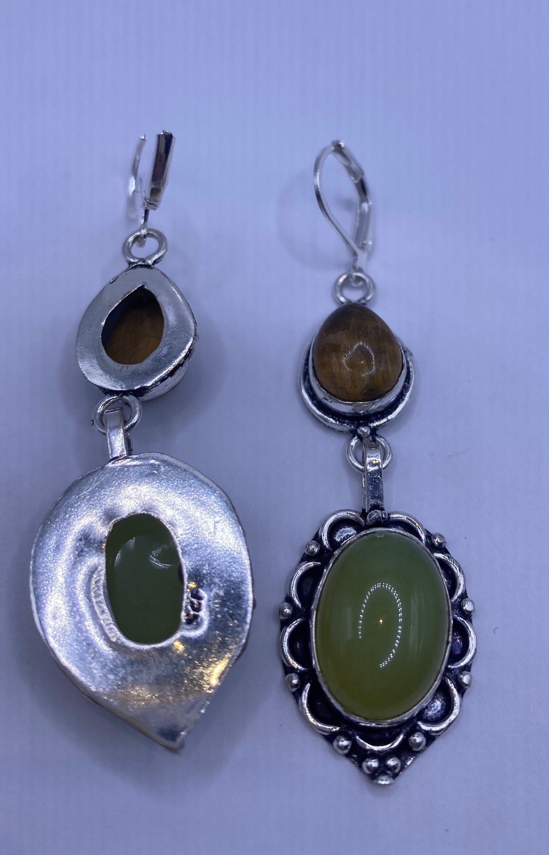 Vintage Tigers Eye Green Chalcedony Dangle Earrings 925 Sterling Silver Lever Backs