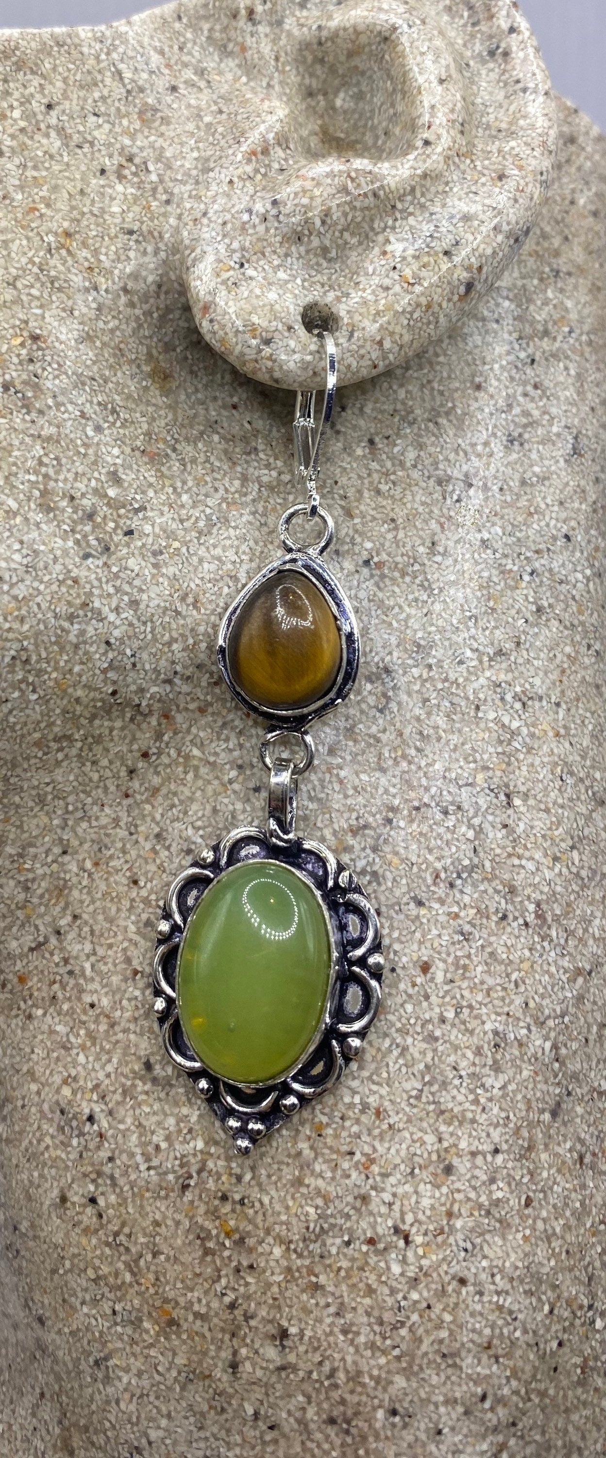 Vintage Tigers Eye Green Chalcedony Dangle Earrings 925 Sterling Silver Lever Backs