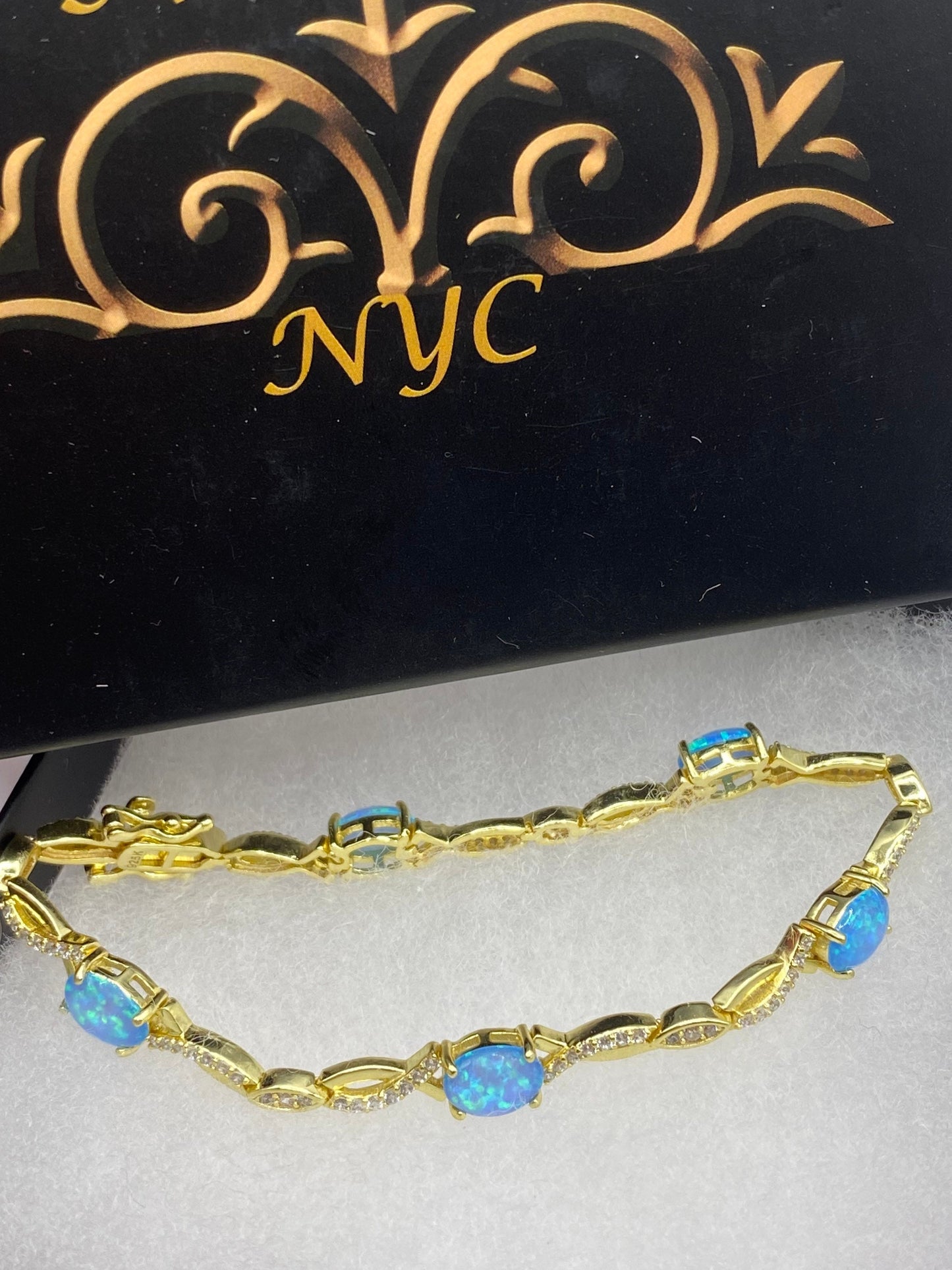 Vintage Blue Fire Opal Cubic Zirconia Bracelet 925 Sterling Silver