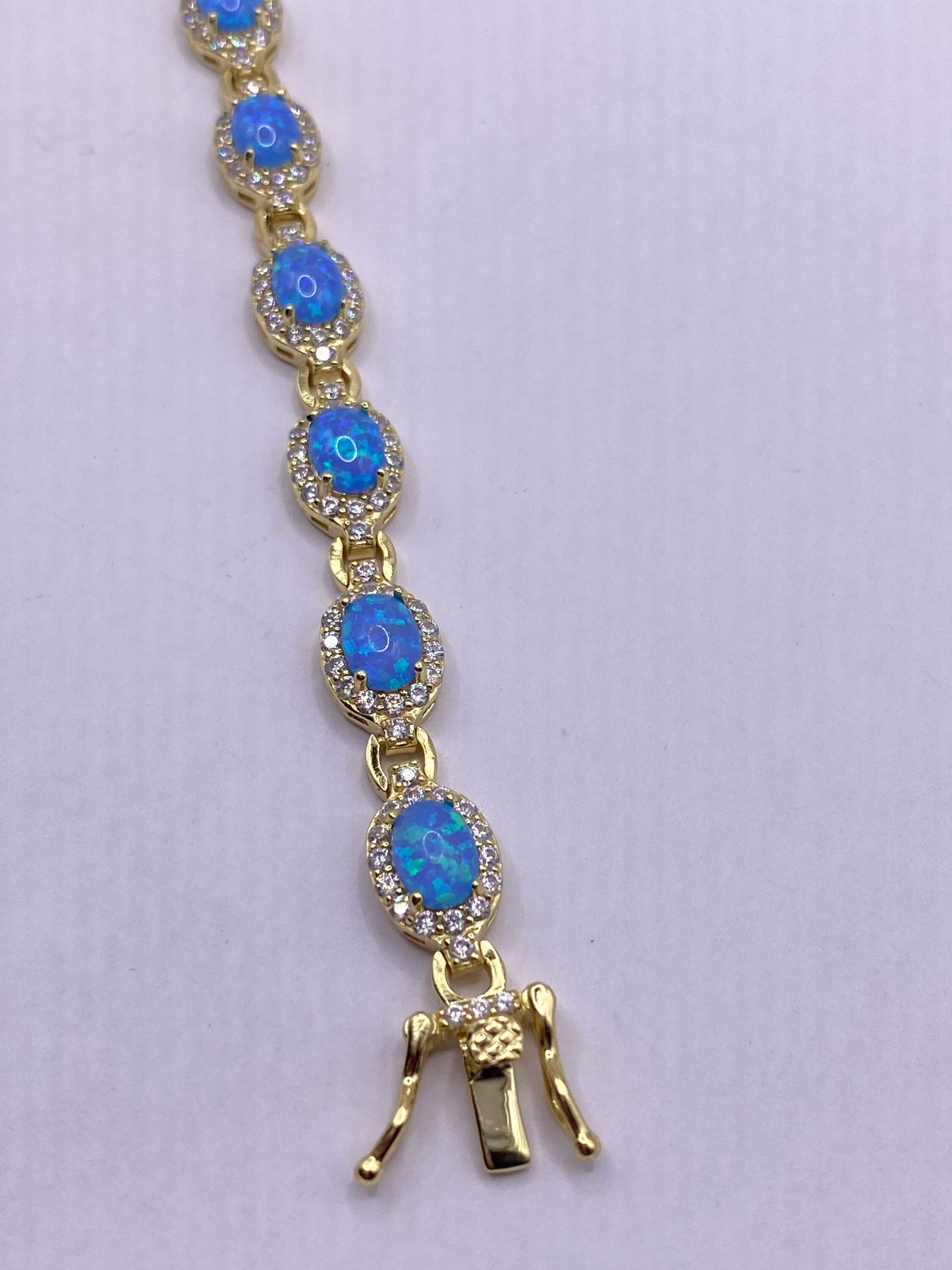Vintage Blue Fire Opal Cubic Zirconia Bracelet 925 Sterling Silver