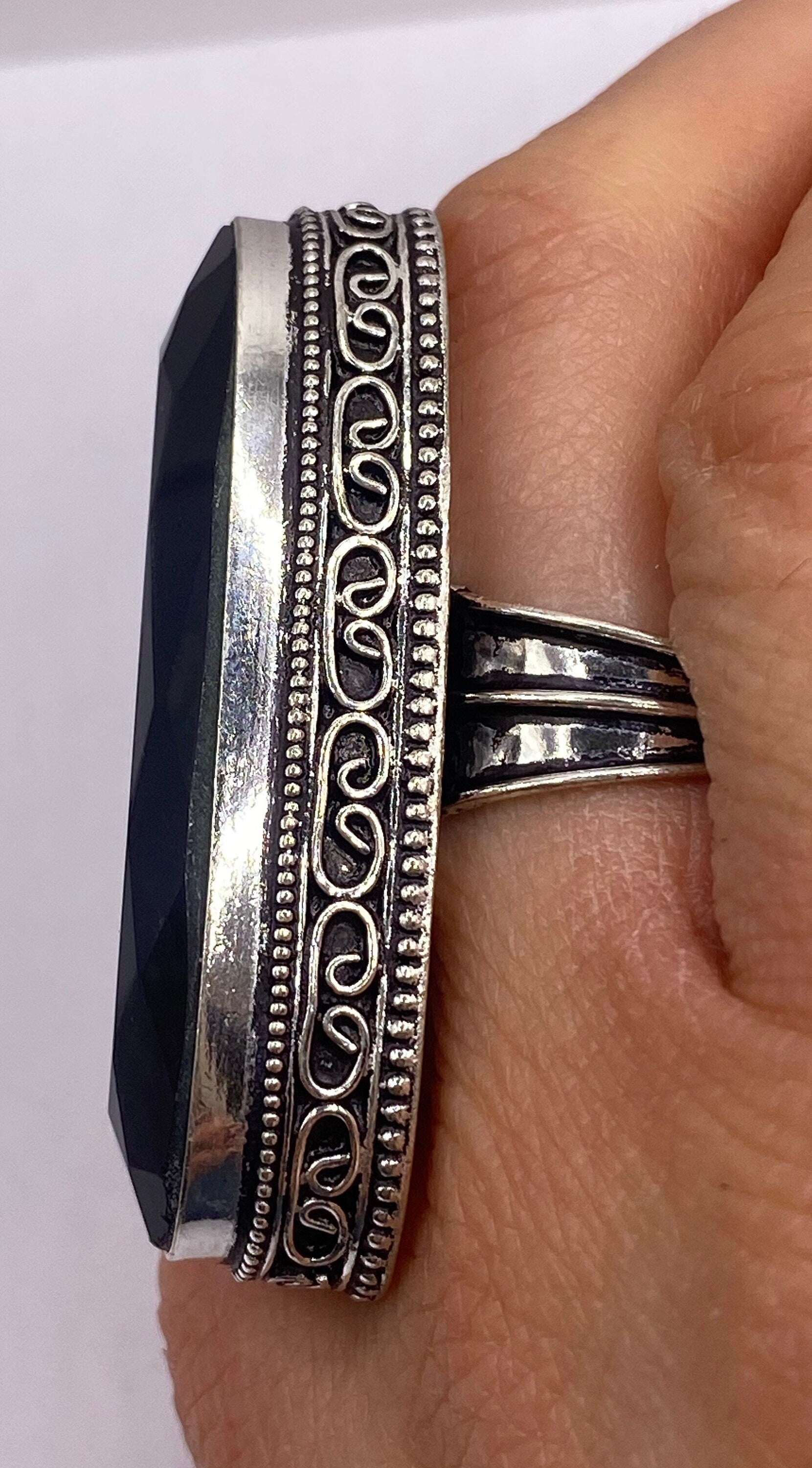 Vintage Black Onyx Silver Cocktail Ring Size 8.5