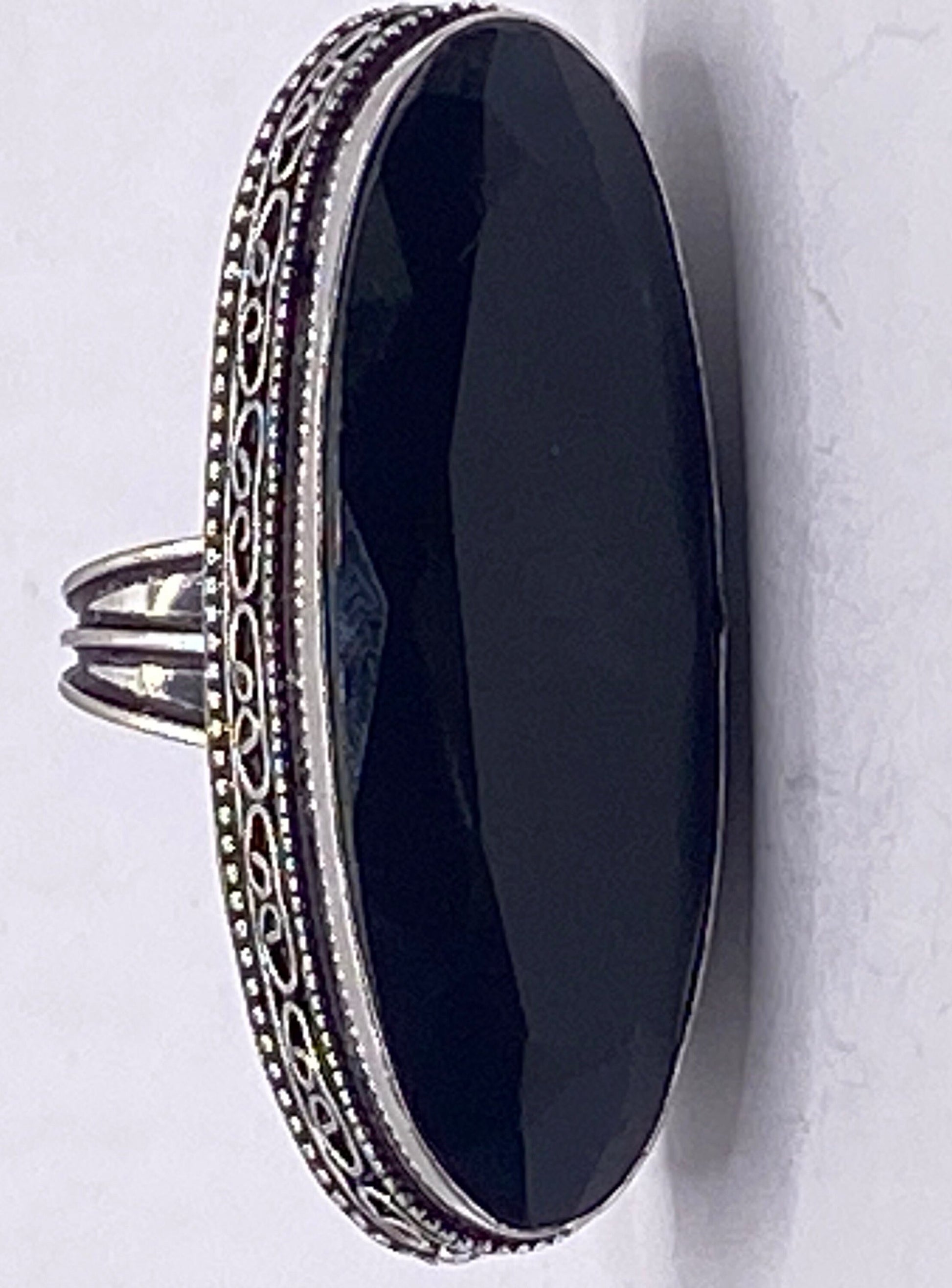 Vintage Black Onyx Silver Cocktail Ring Size 8.5