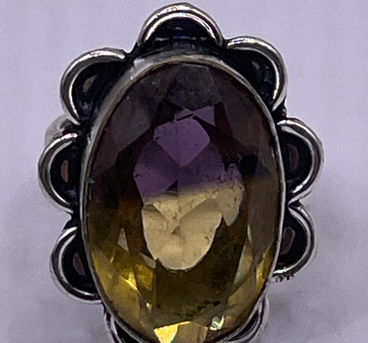 Vintage Yellow Purple Ametrine Vintage Art Glass Cocktail Ring Size 6.5