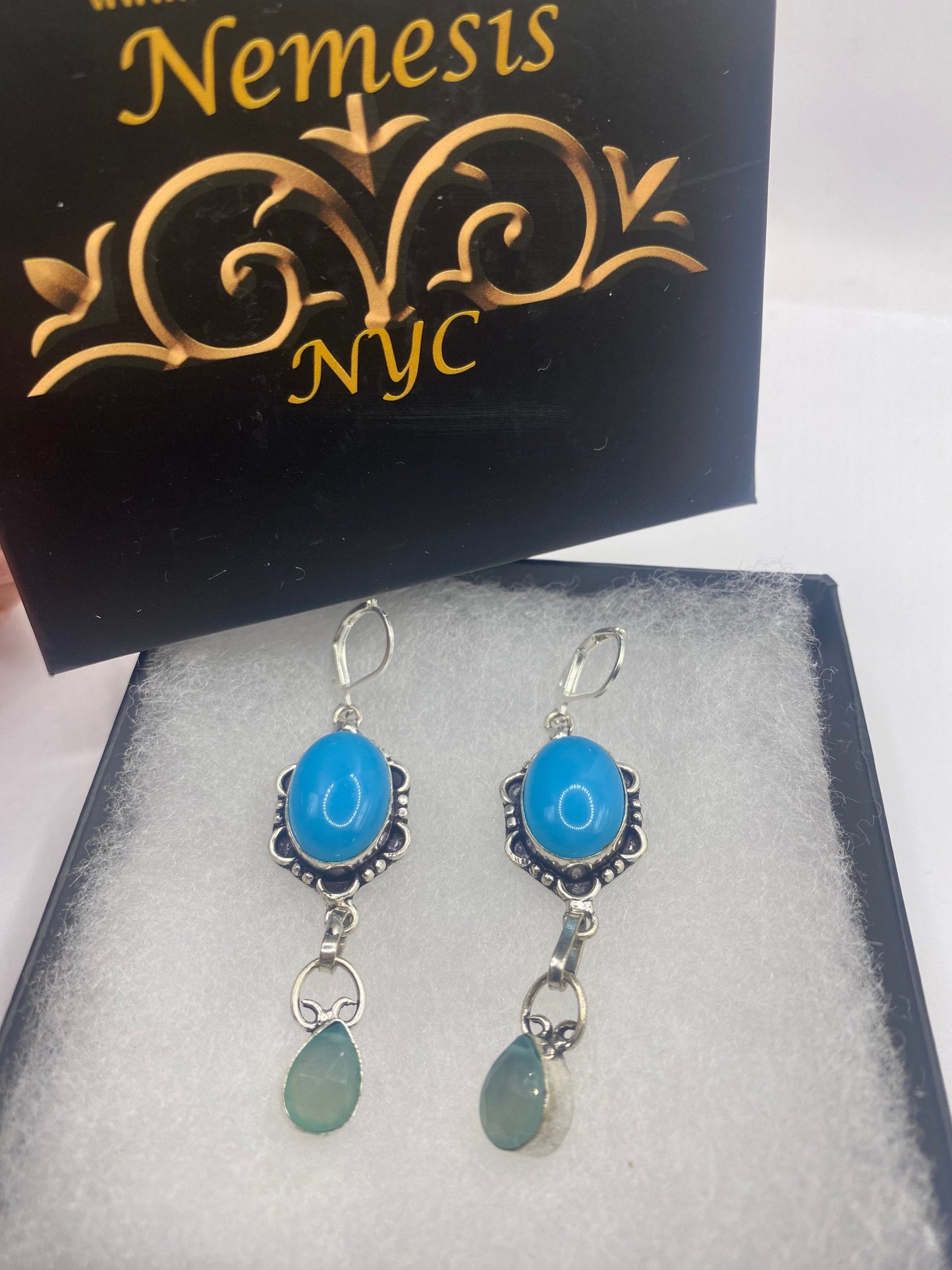 Vintage Blue Chalcedony Chandelier Earrings Silver Dangle