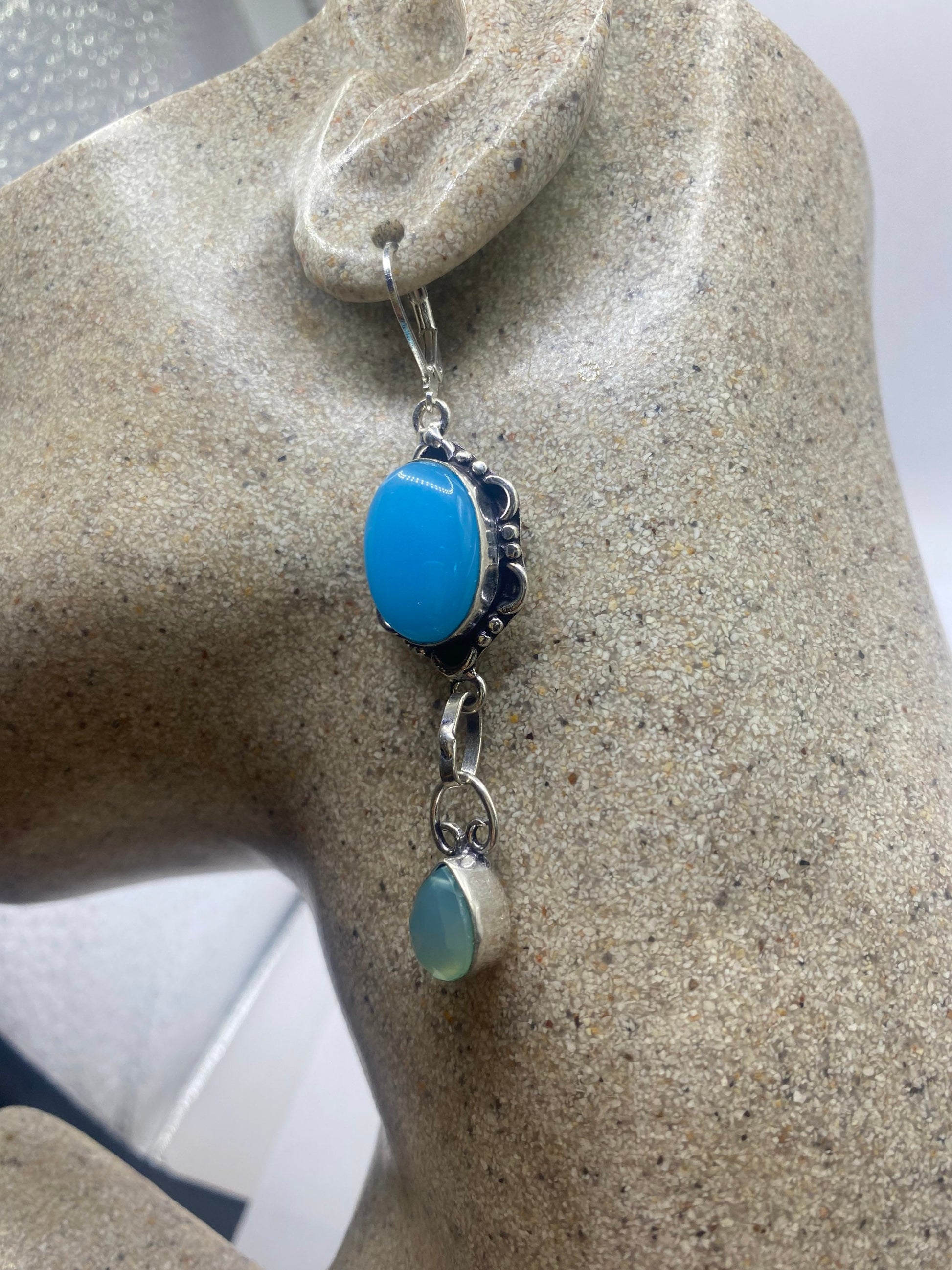Vintage Blue Chalcedony Chandelier Earrings Silver Dangle