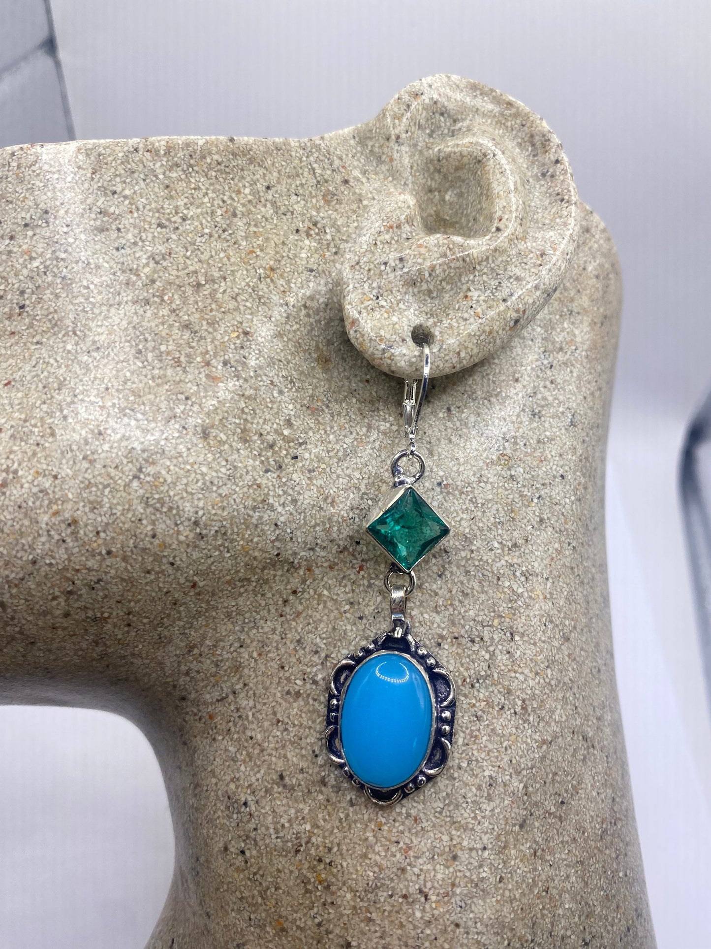 Vintage Blue Chalcedony Chandelier Earrings Silver Dangle