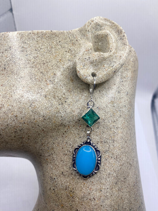 Vintage Blue Chalcedony Chandelier Earrings Silver Dangle