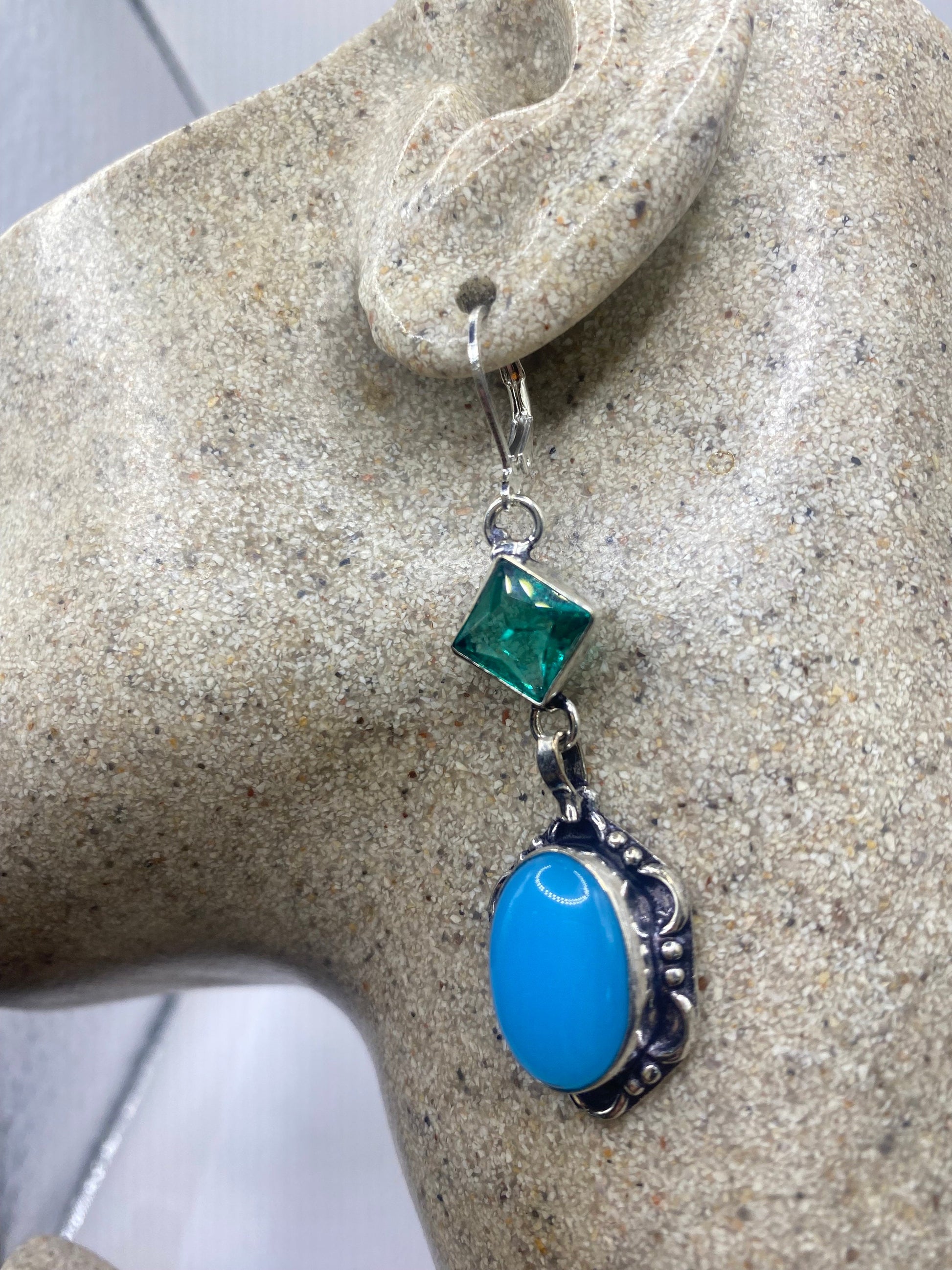 Vintage Blue Chalcedony Chandelier Earrings Silver Dangle
