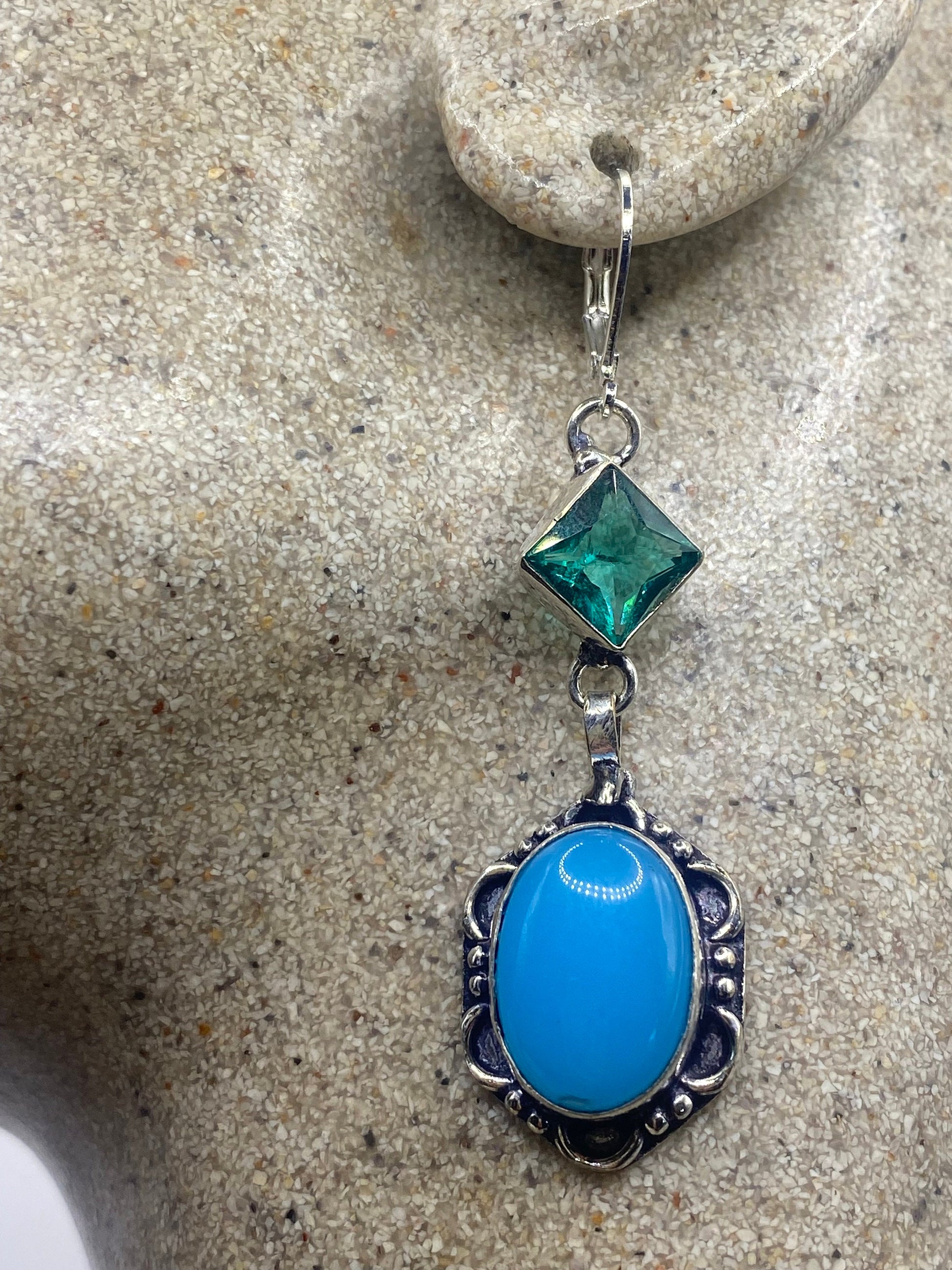 Vintage Blue Chalcedony Chandelier Earrings Silver Dangle