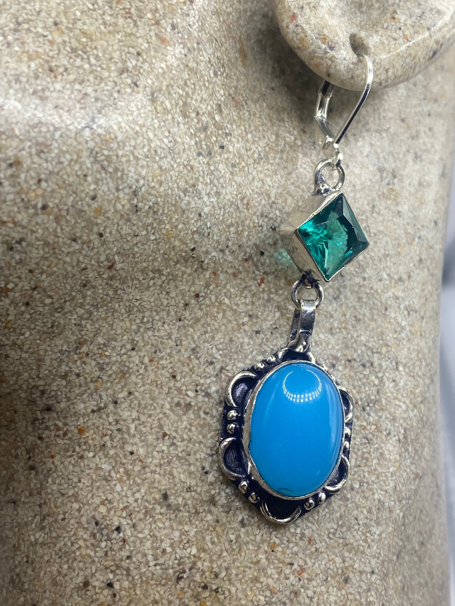 Vintage Blue Chalcedony Chandelier Earrings Silver Dangle