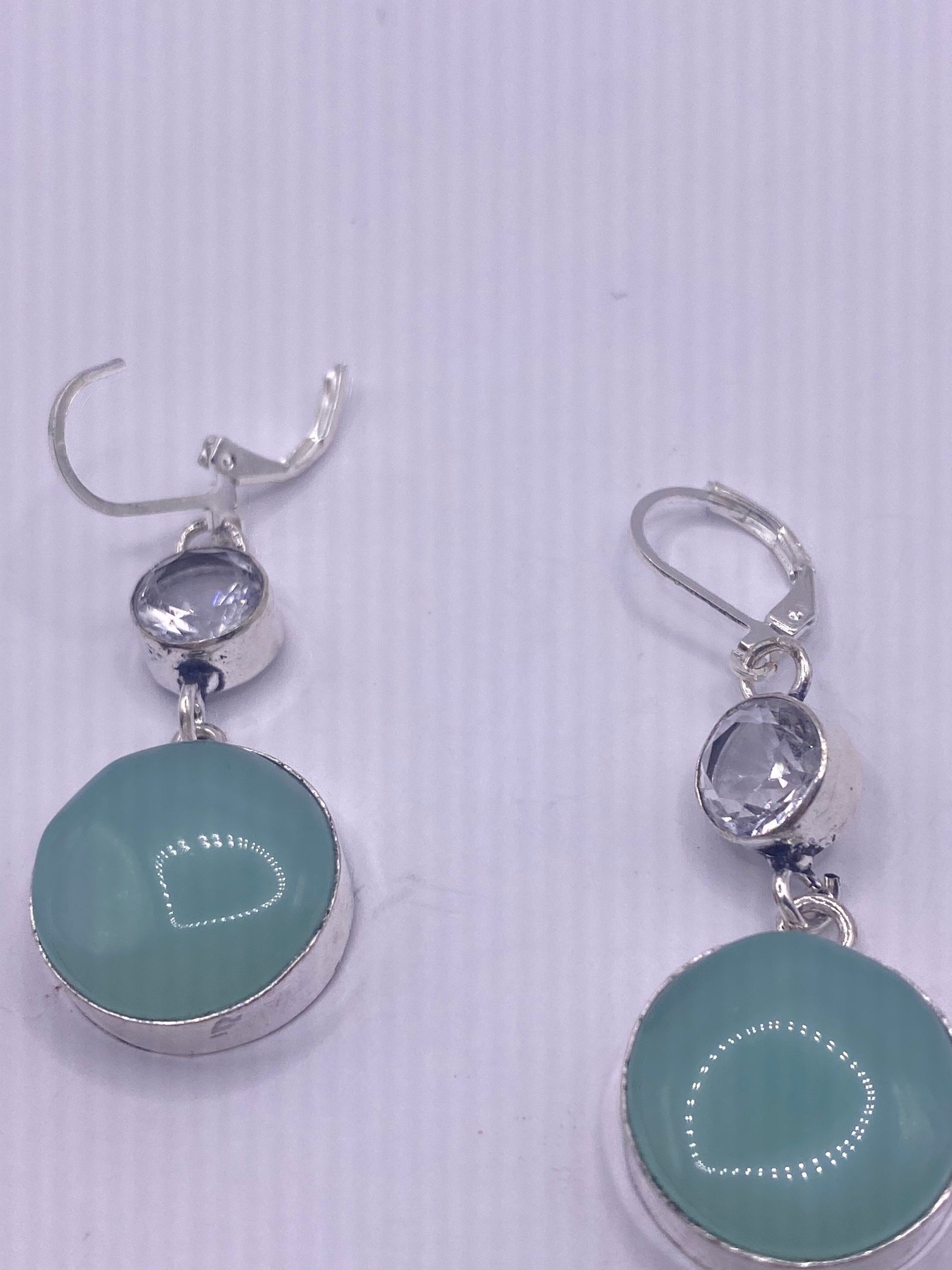 Vintage Aqua Chalcedony Chandelier Earrings Silver Dangle