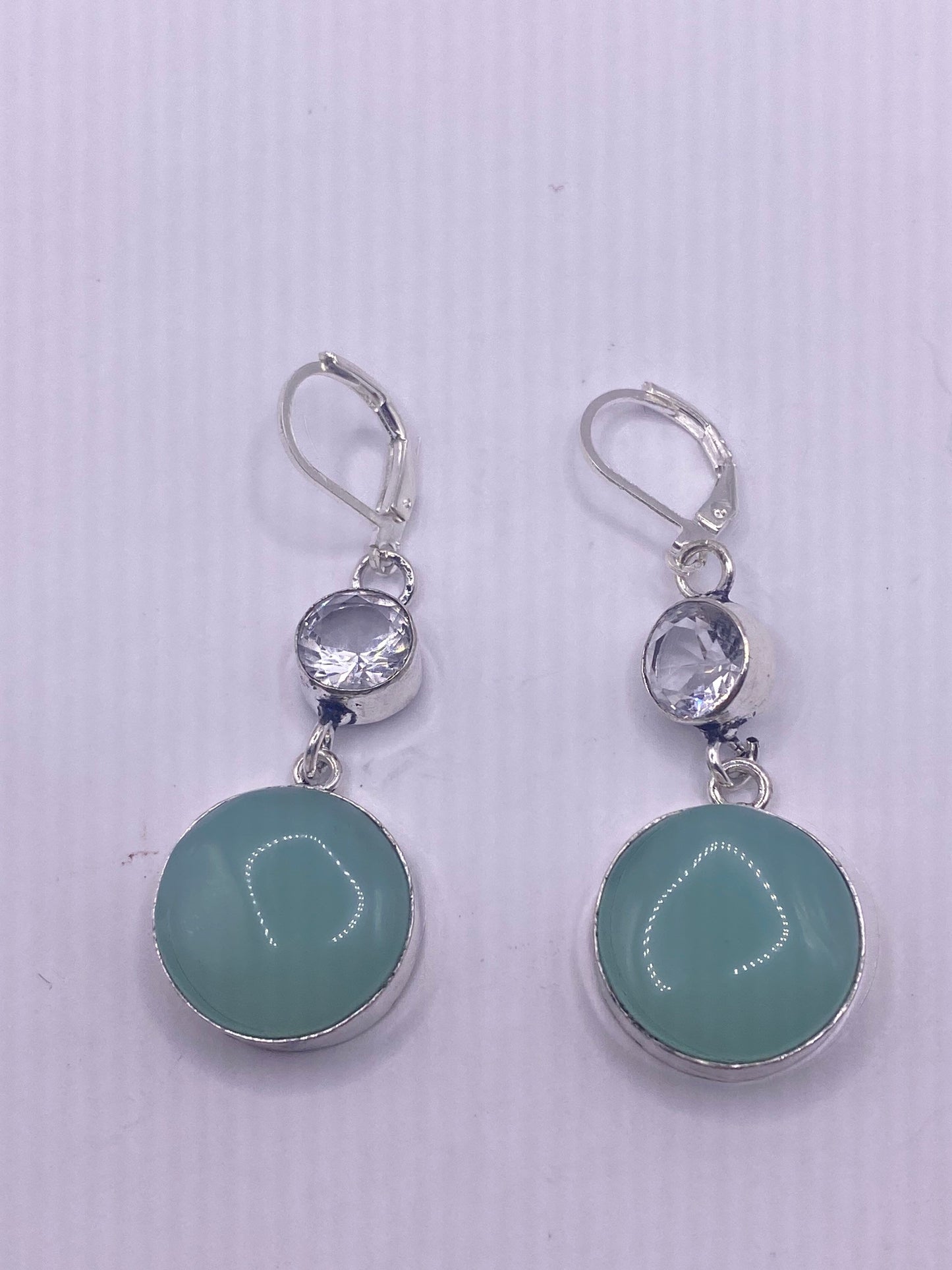 Vintage Aqua Chalcedony Chandelier Earrings Silver Dangle