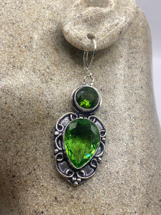 Vintage Green Crystal Glass Earrings 925 Sterling Silver Leverback