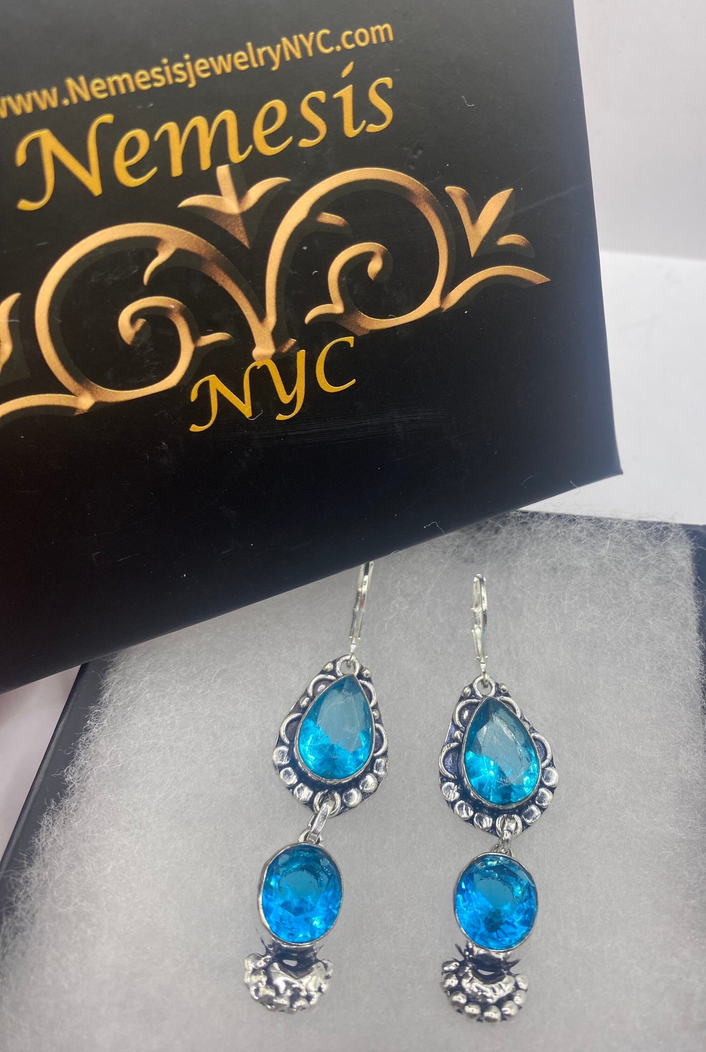 Vintage aqua Blue Glass Earrings 925 Sterling Silver Lever-back