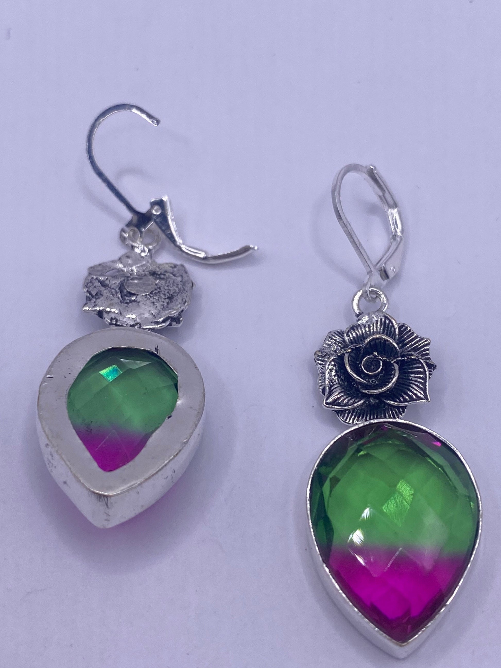 Vintage Green Pink Crystal Glass Earrings 925 Sterling Silver Leverback