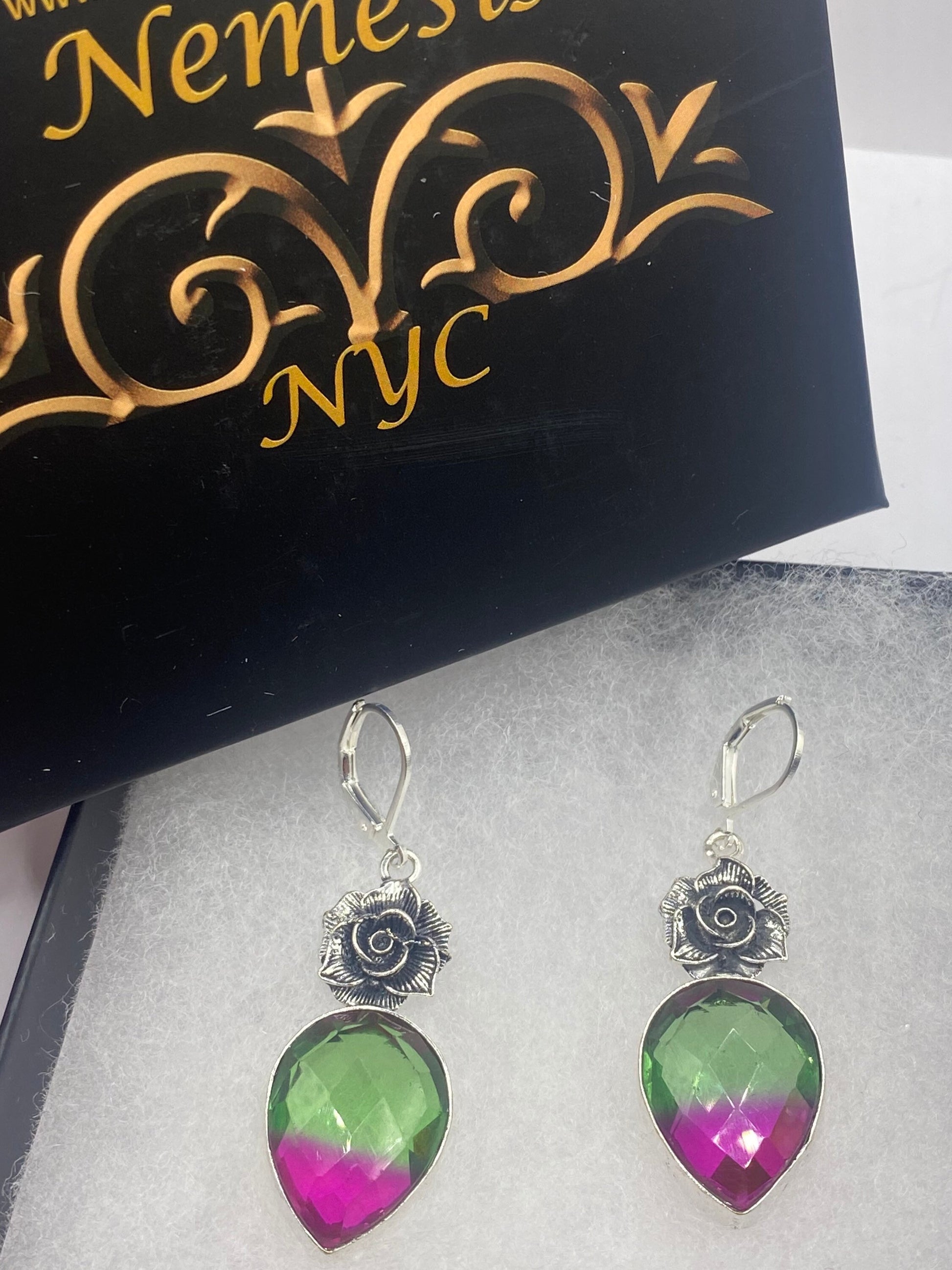 Vintage Green Pink Crystal Glass Earrings 925 Sterling Silver Leverback