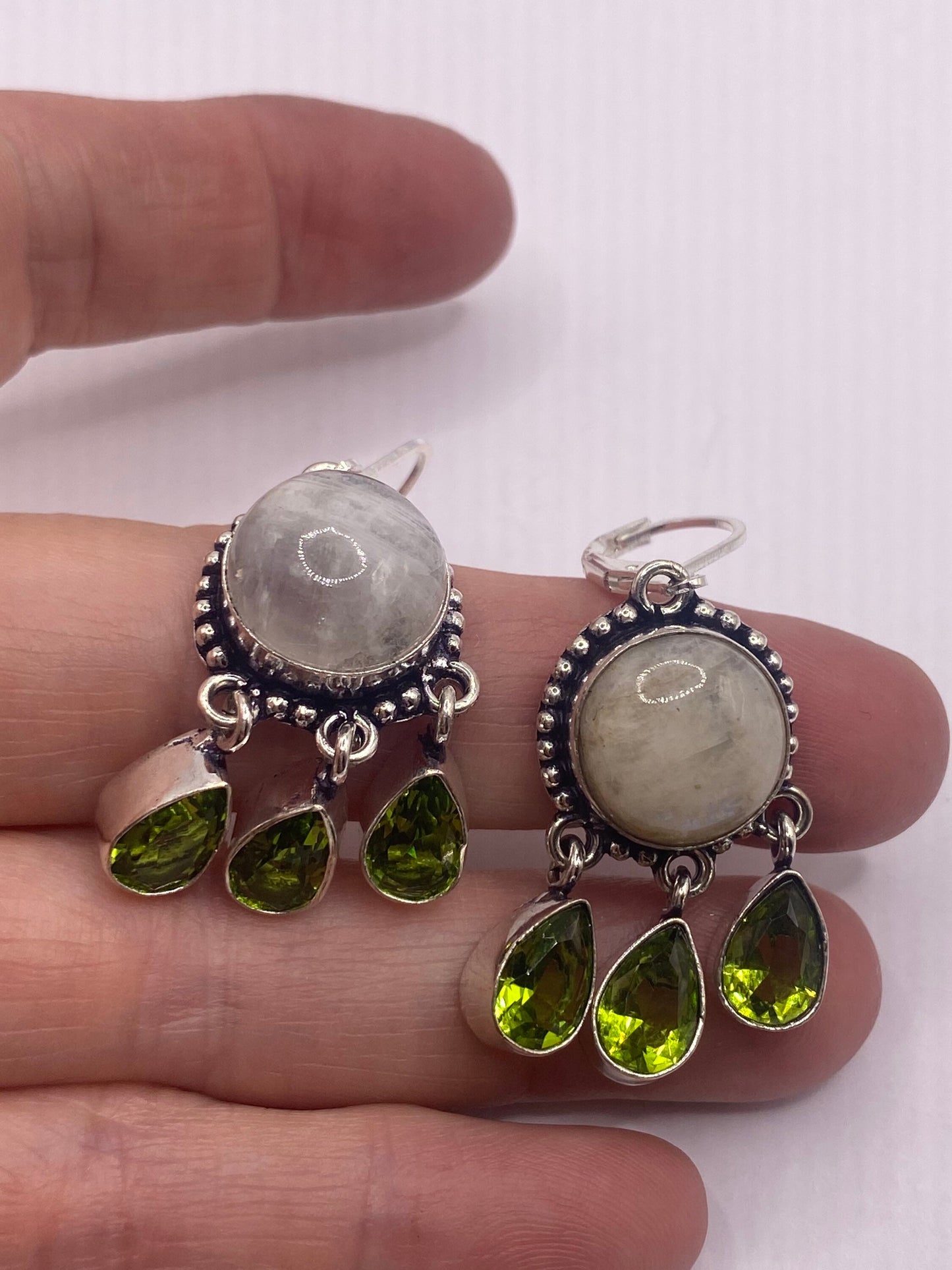 Vintage Green Peridot Moonstone Chandelier Earrings 925 Sterling Silver Leverback