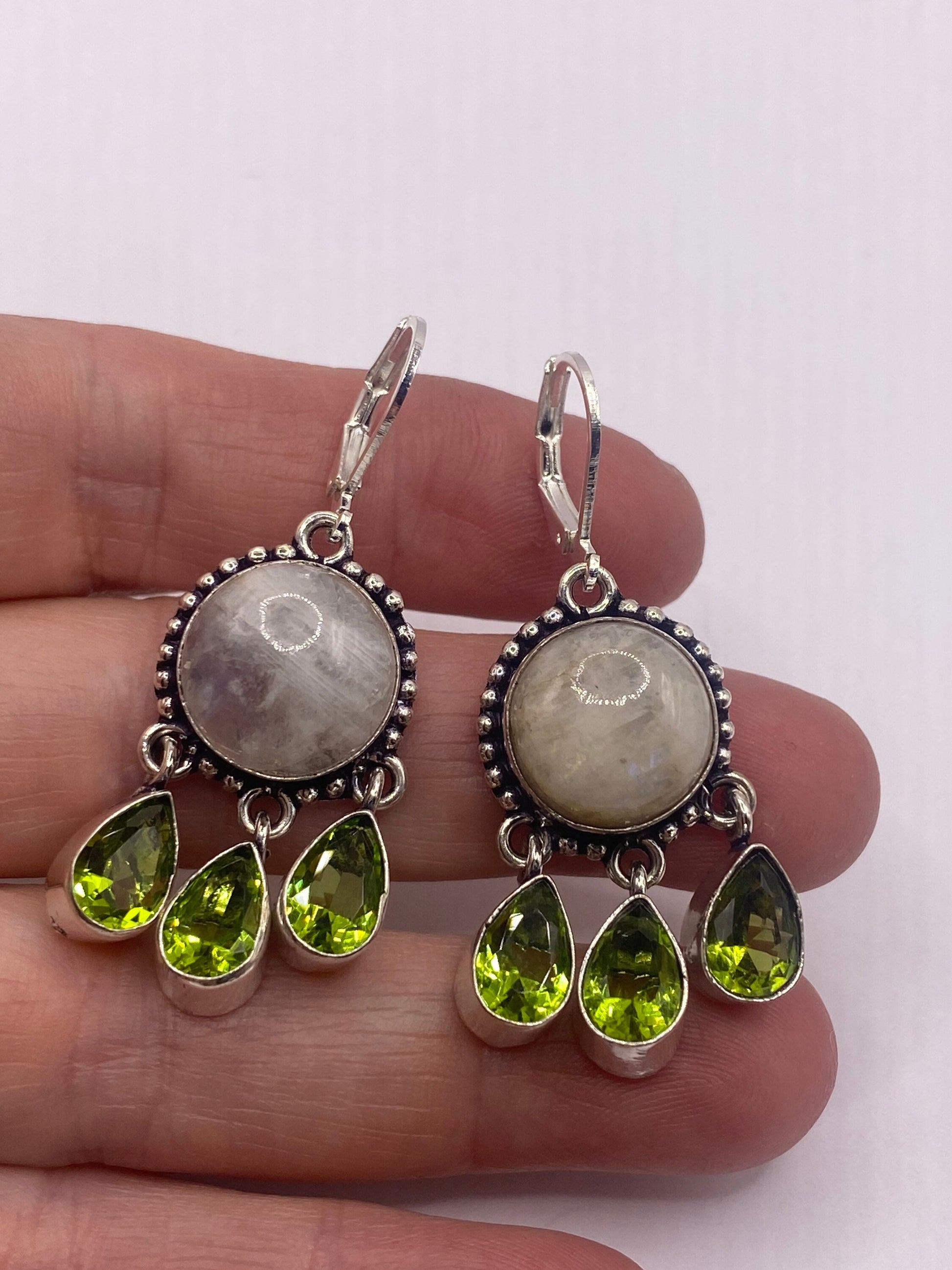 Vintage Green Peridot Moonstone Chandelier Earrings 925 Sterling Silver Leverback