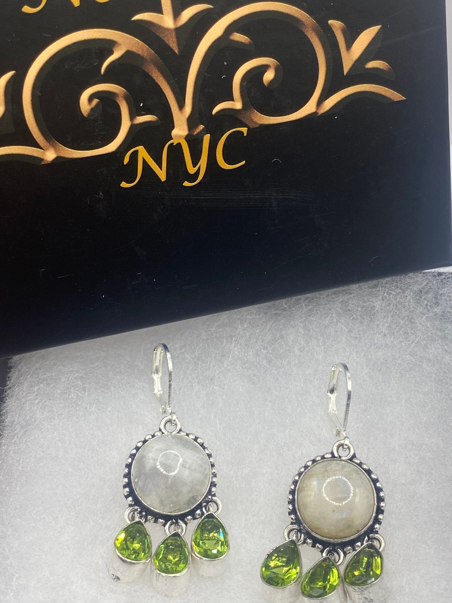 Vintage Green Peridot Moonstone Chandelier Earrings 925 Sterling Silver Leverback